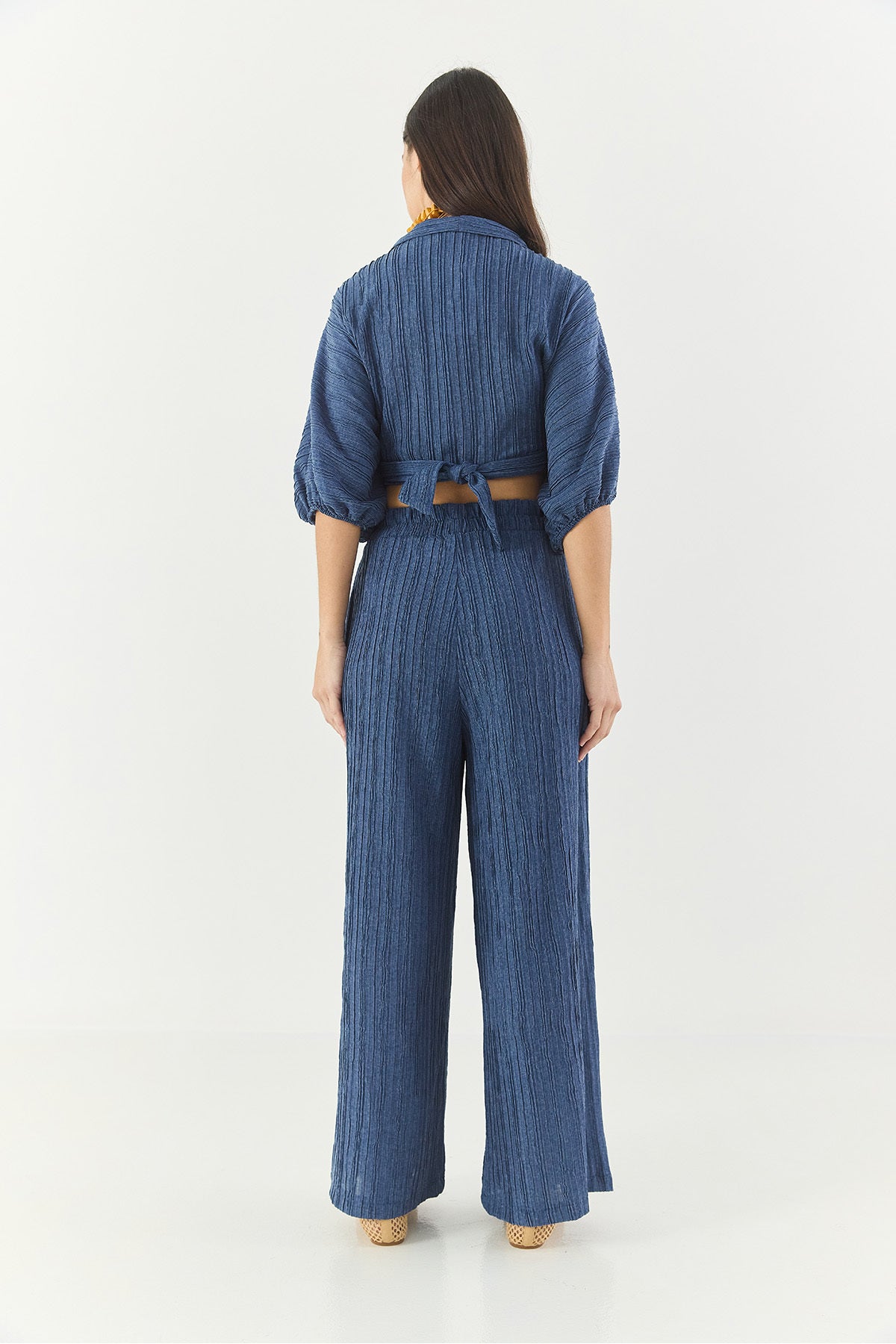 Women's Tie-Up Watermelon Sleeve Blouse with Elastic Waist Loose Trousers Bottom-Top Set 9340 60281051