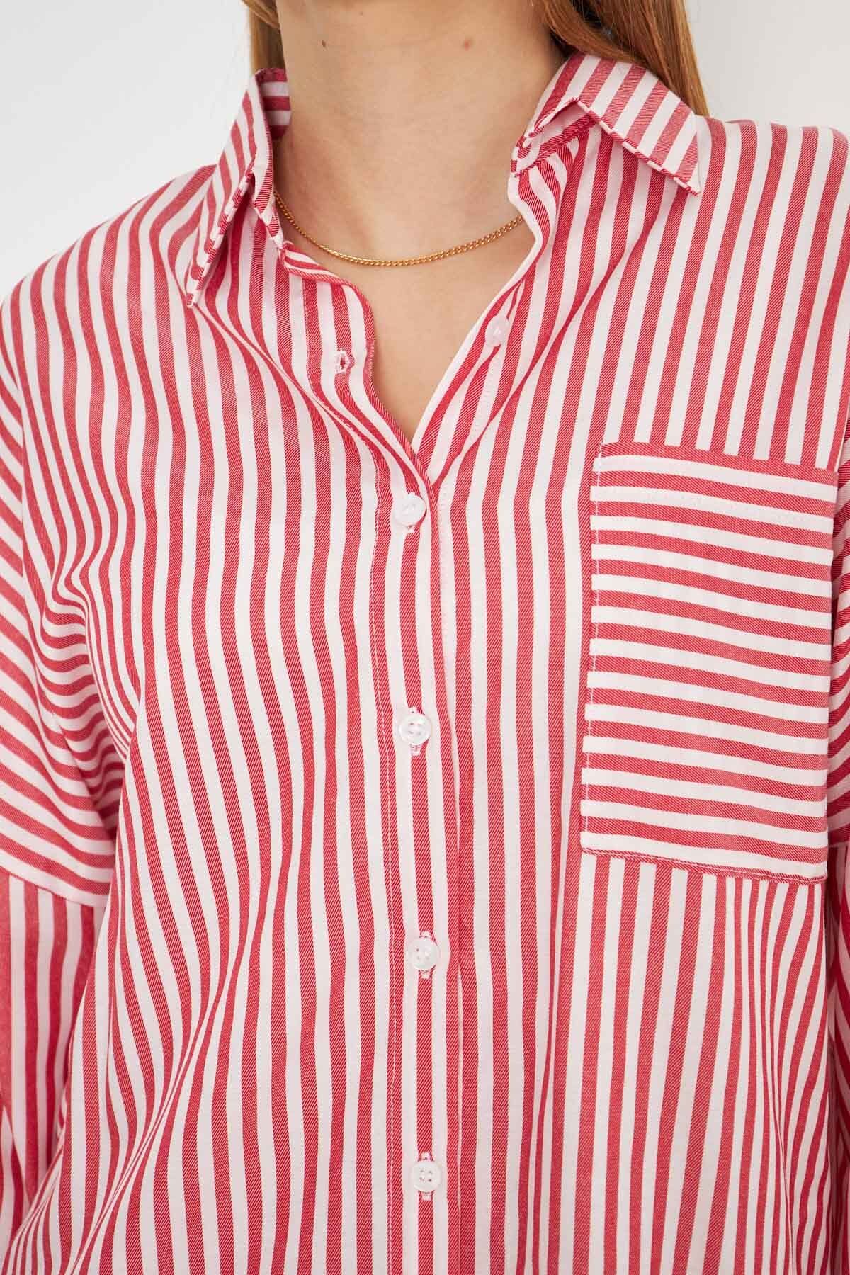 Women's Red Striped Long Sleeve Pocket Detail Surround Pleeled Oversize Shirt ARM-25K001069