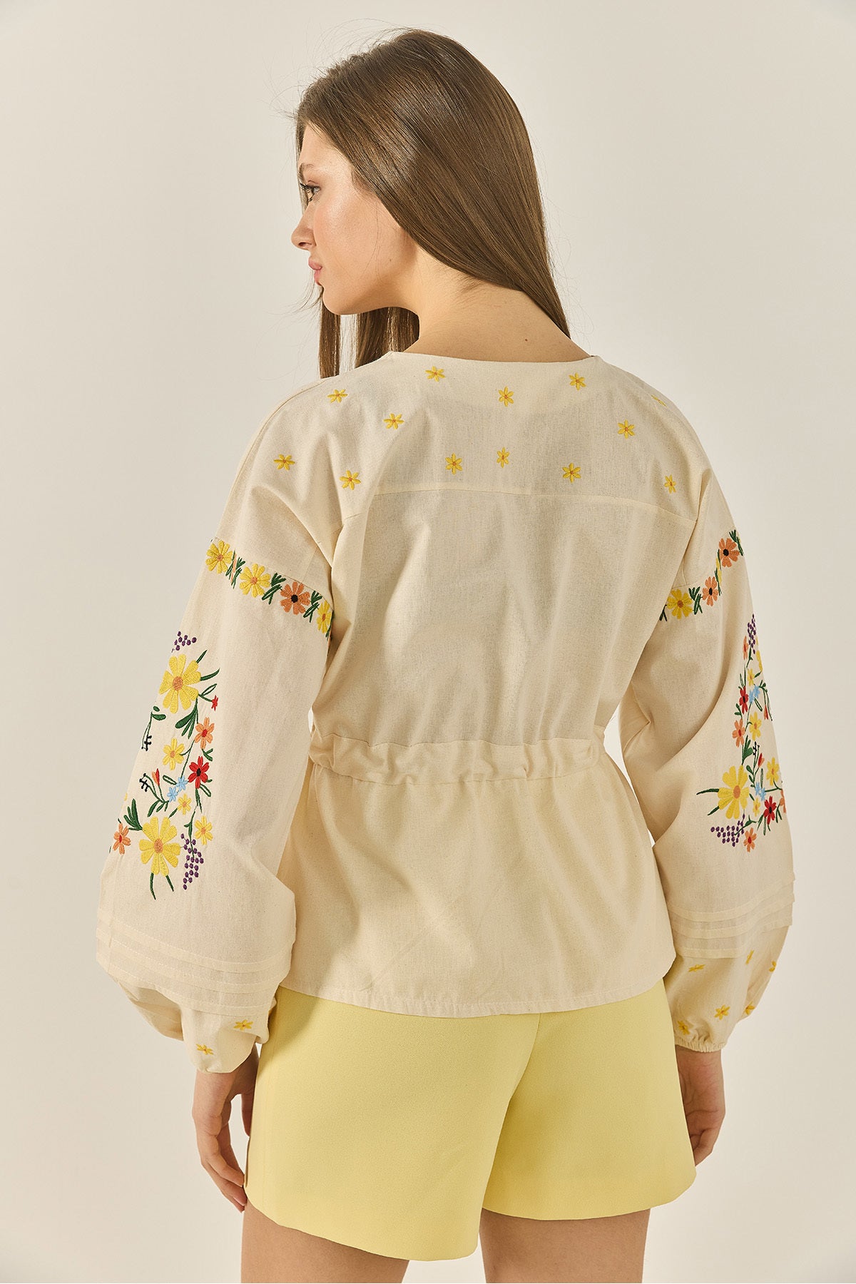 Women's V-Neck Embroidered Waist Tied Linen Shirt with Elastic Sleeves 2007 60283308