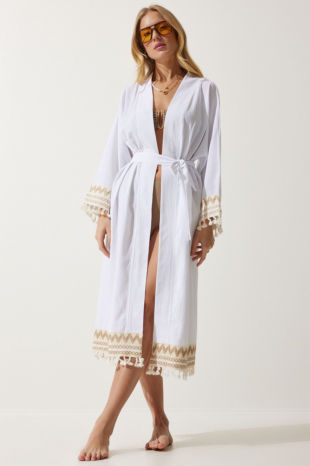 Women's white tassel guipure detailed long linen kimono OH00042