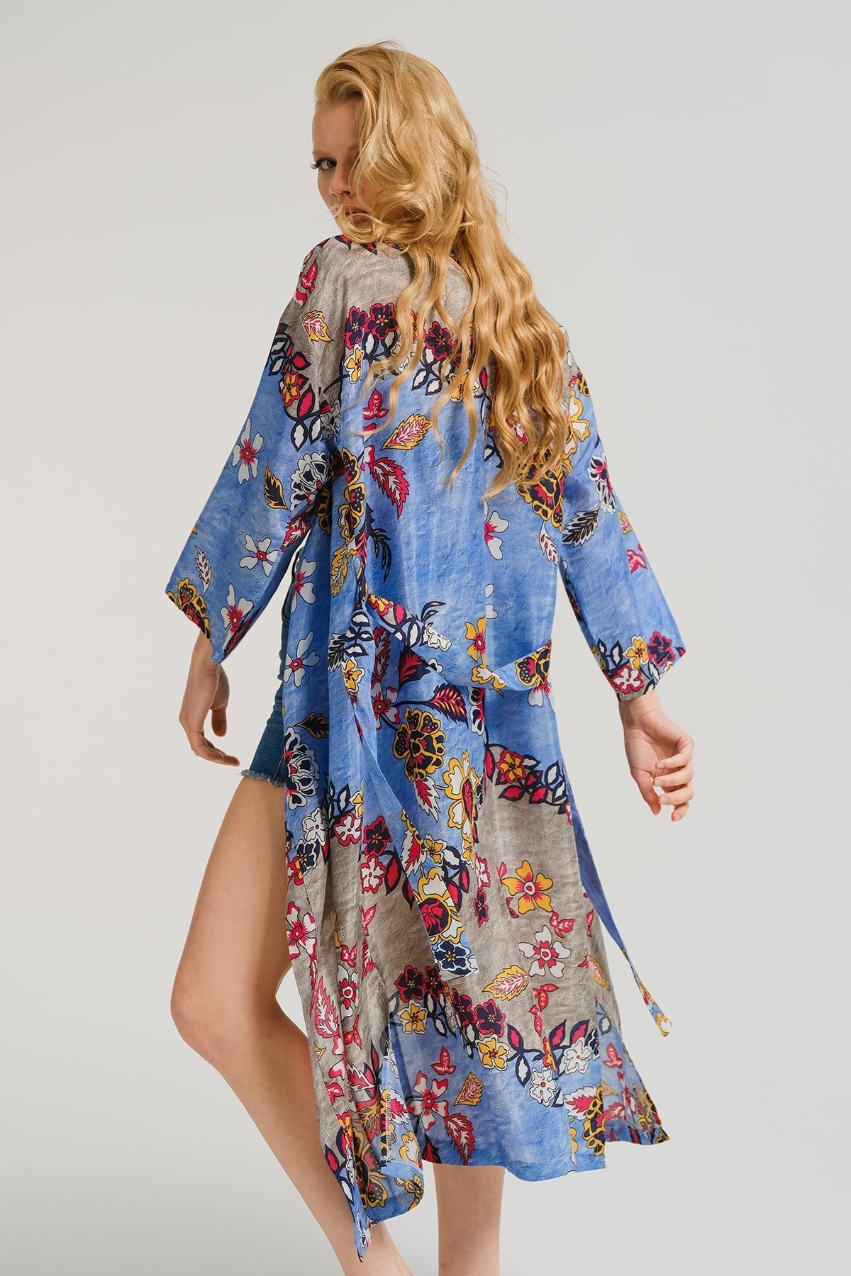 Women's Blue Patterned Long Kimono Arm-221120