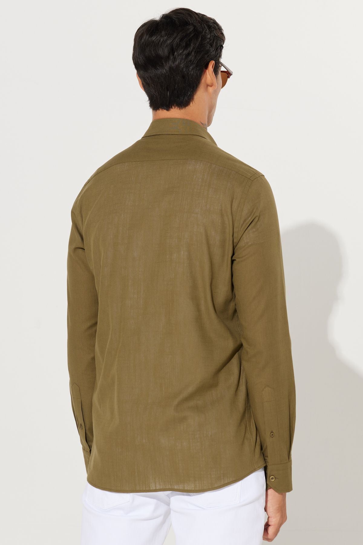 Male K.Haki 100 %Cotton Breathing Fabric Flamle Oxford Slim Fit button with Fit button collar shirt