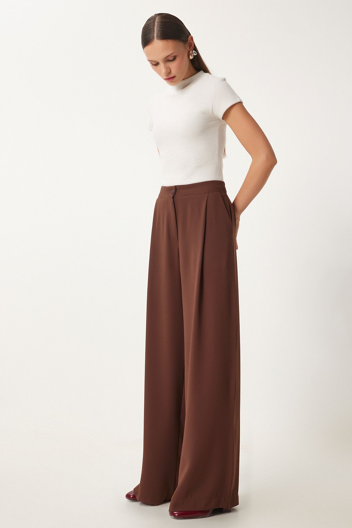 Women's brown pocket weaving palazzo pants ul00052