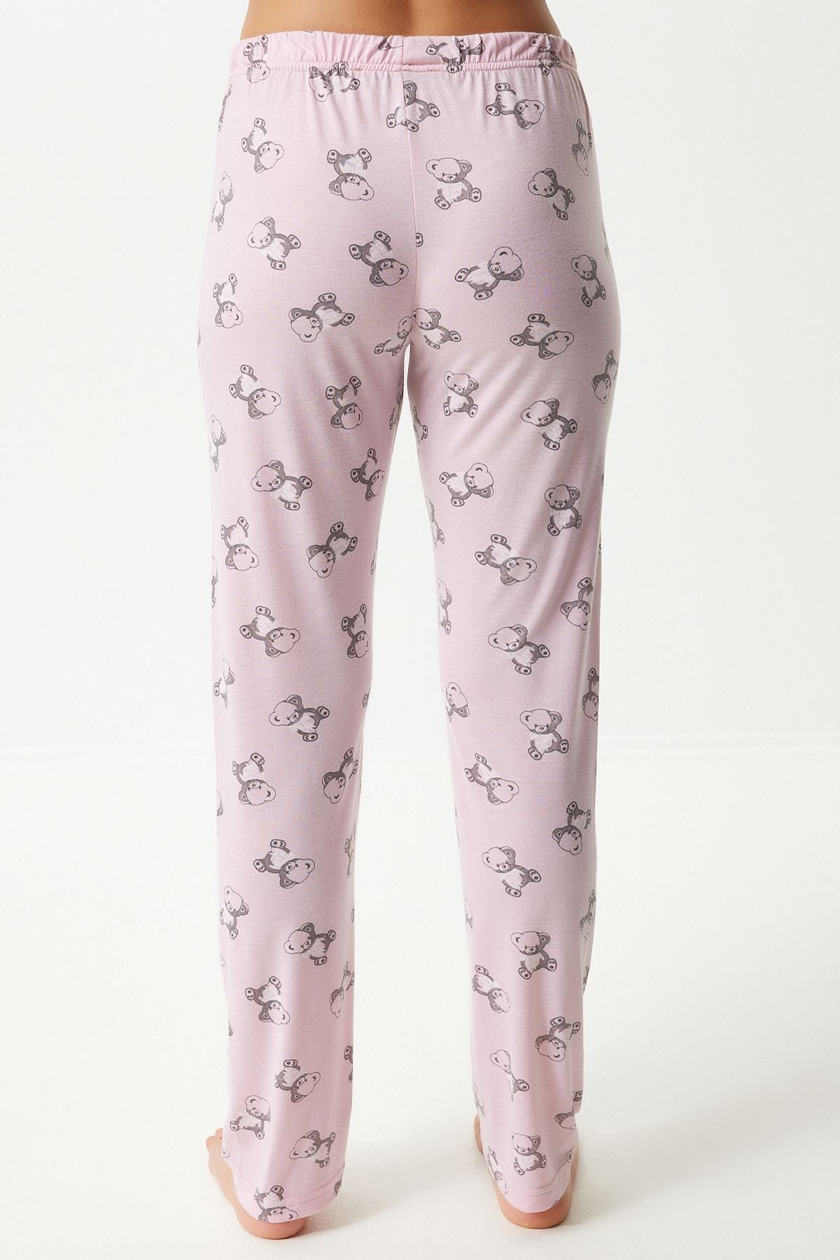 Woman Light Pink Patterned Viscose Trousers T-Shirt Pajama Set EC00046