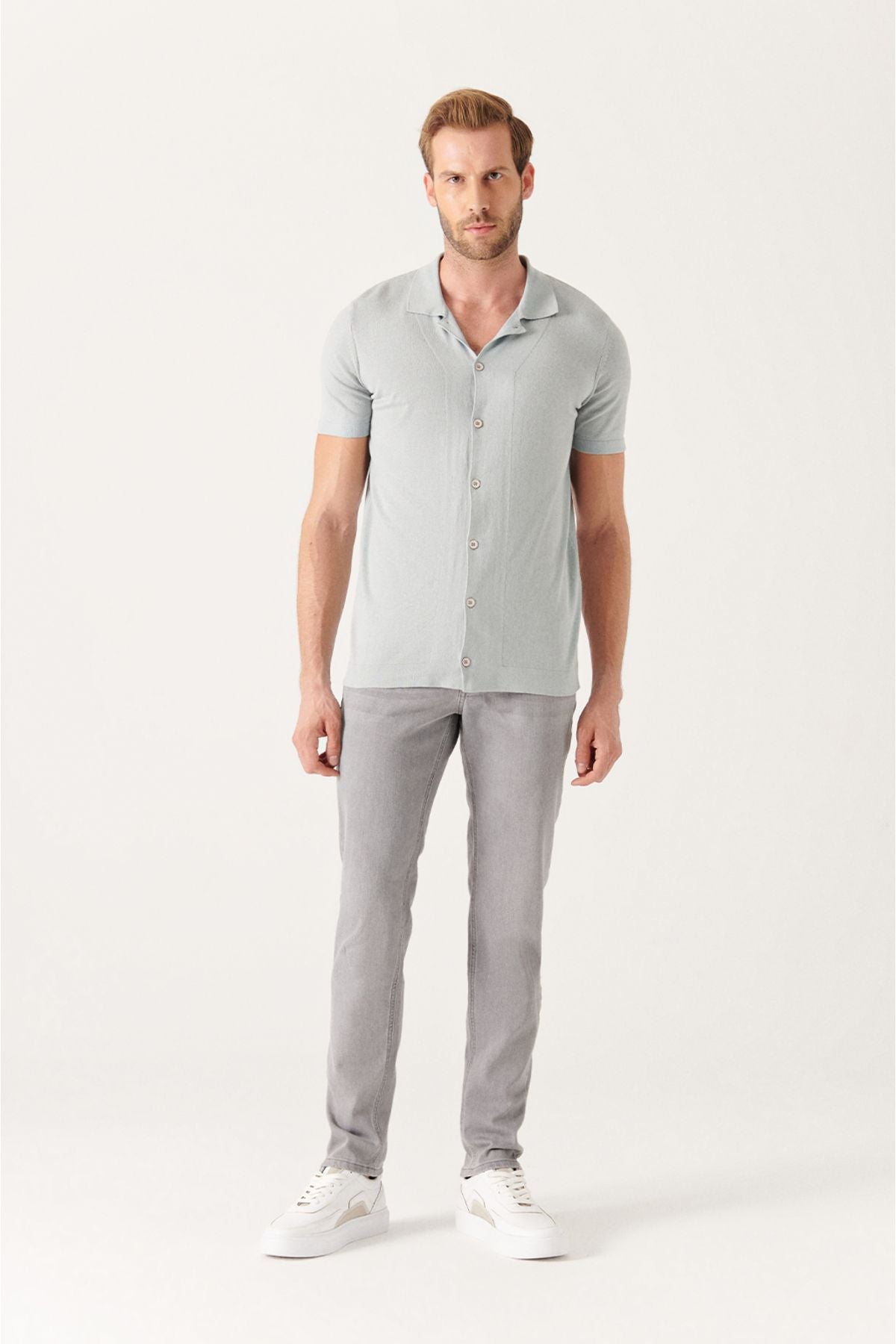 Men's Gray Cuba Cuba Yaka button knitwear T-shirt B005008