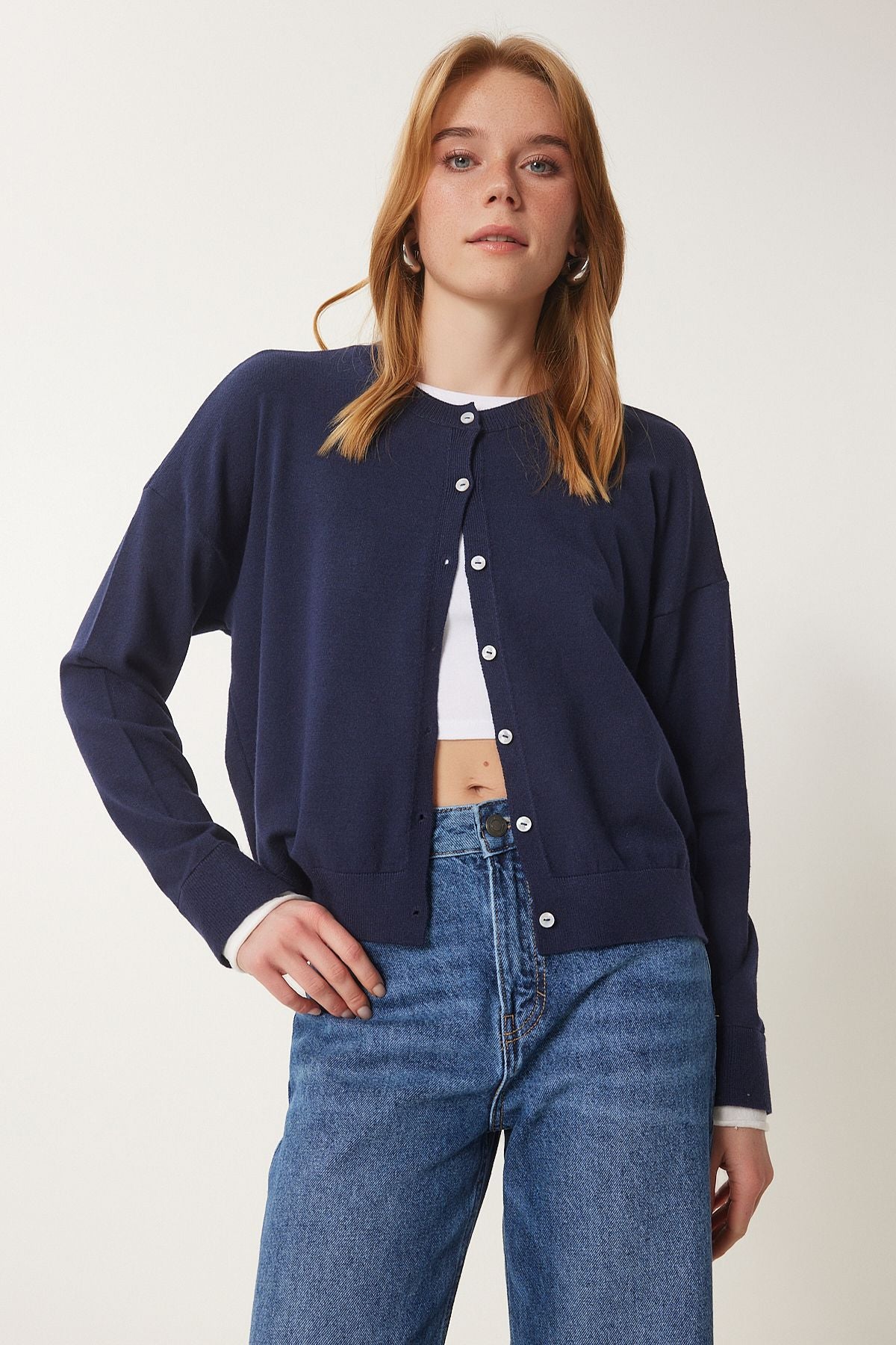 Women's Navy Blue Contrast Ribbon Detail Triko Cardigo US00953
