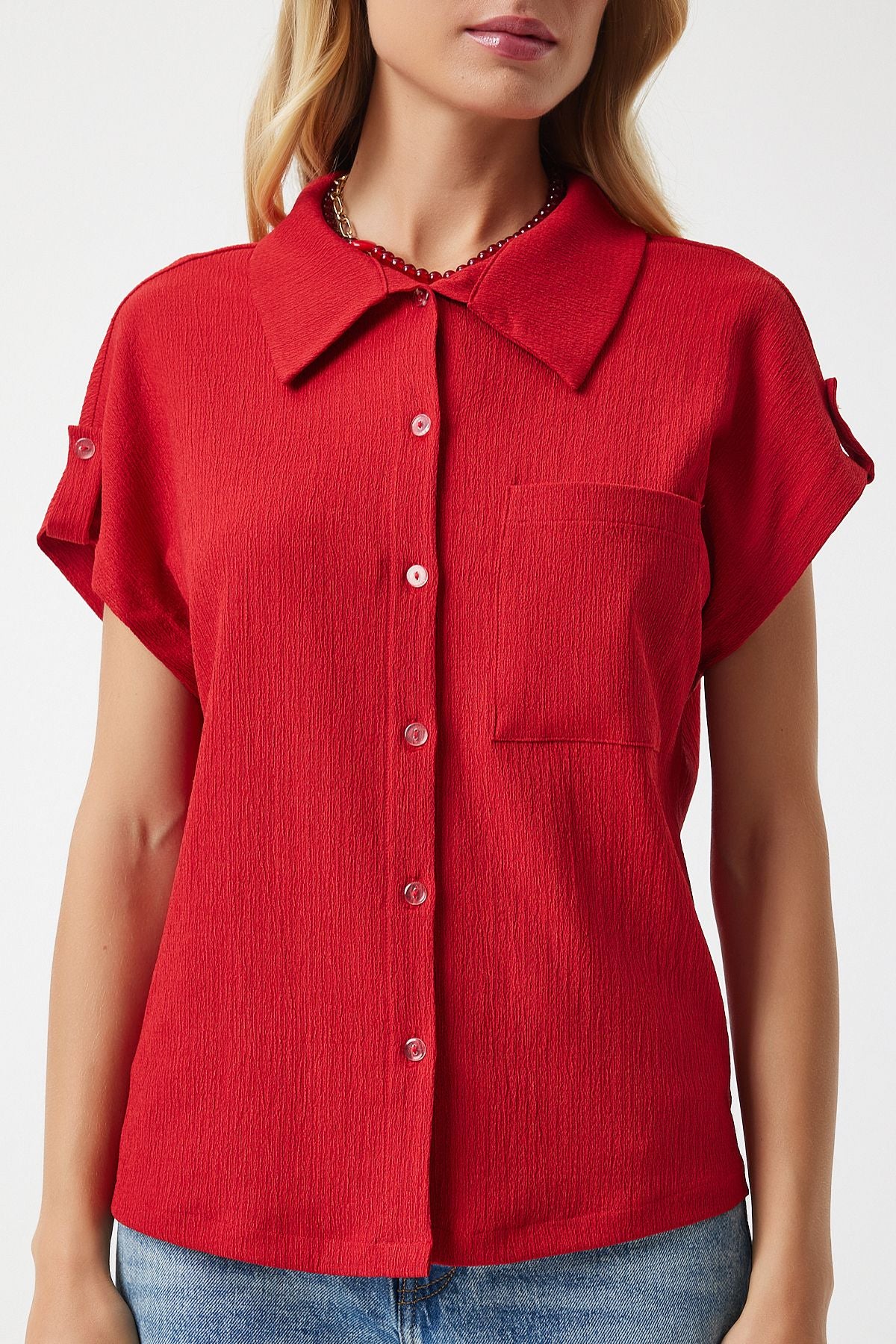 Female Red Pocket Casual Knitting Shirt DD01325