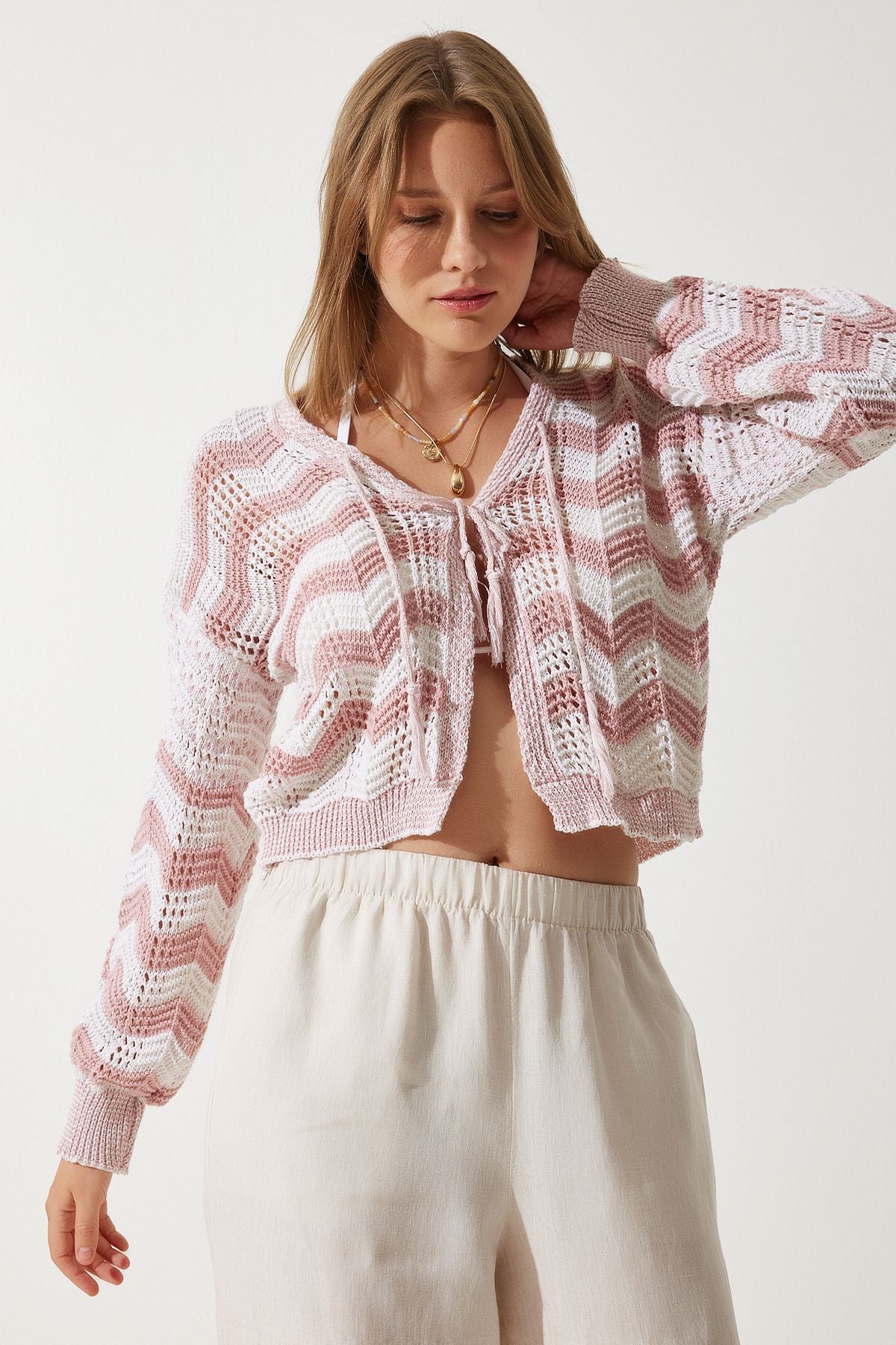 Women's Cream Pink Striped Offer Mevsimlik Triko Cardigan MW00148