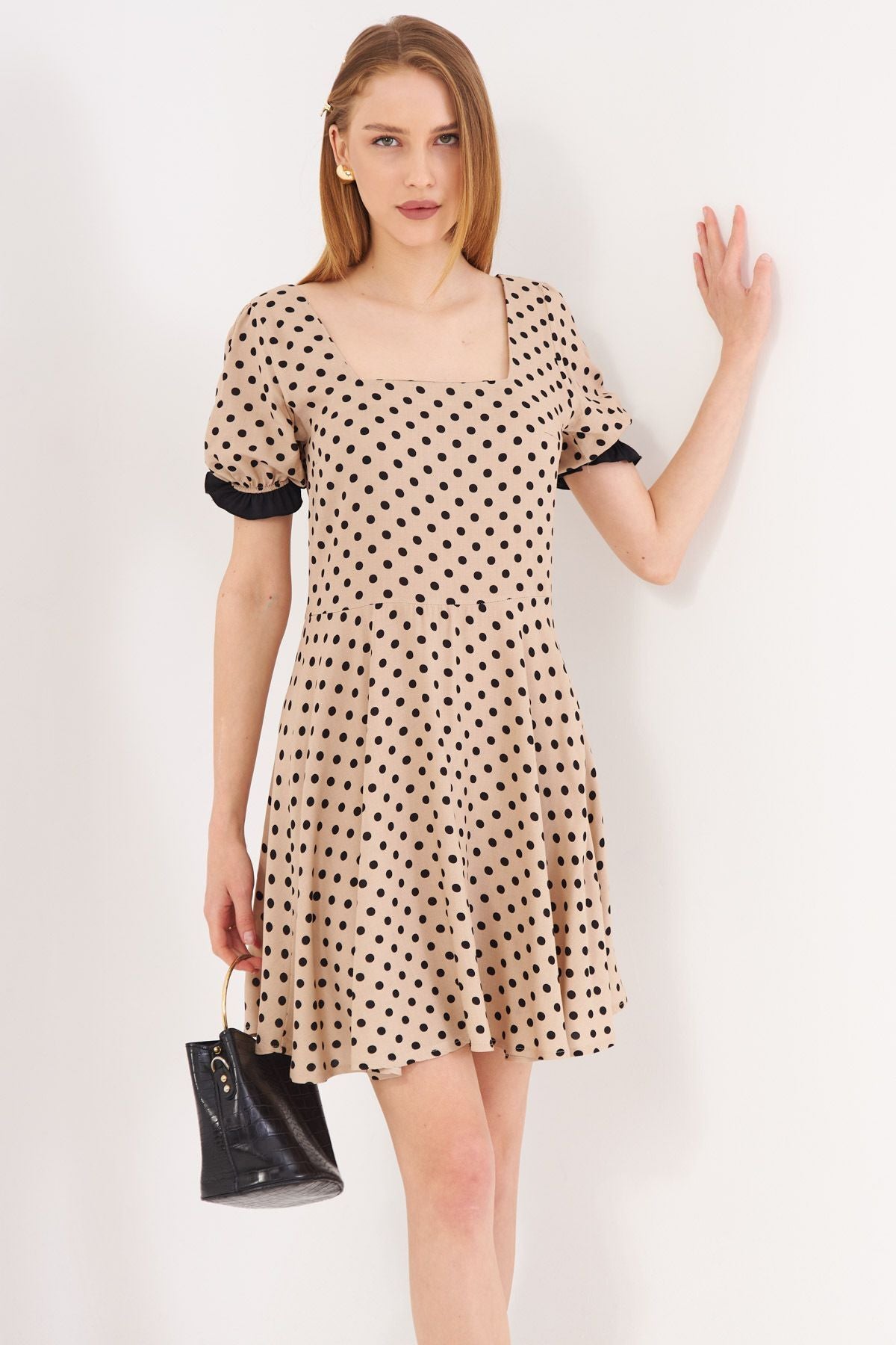 Female beige front back square neckline detailed dot watermelon watermelon armable mini dress ARM-24Y001051