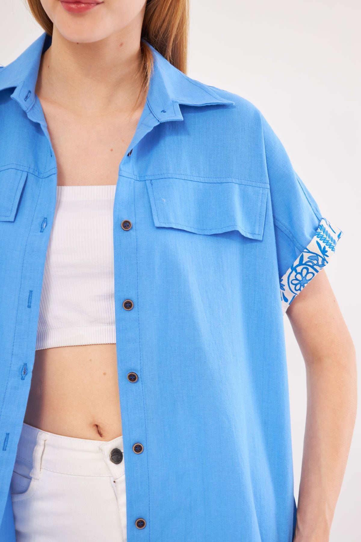 WOMEN BABY BLUE BLUE DUPLE ARM DETAILED SHIRT ARM-24Y001075