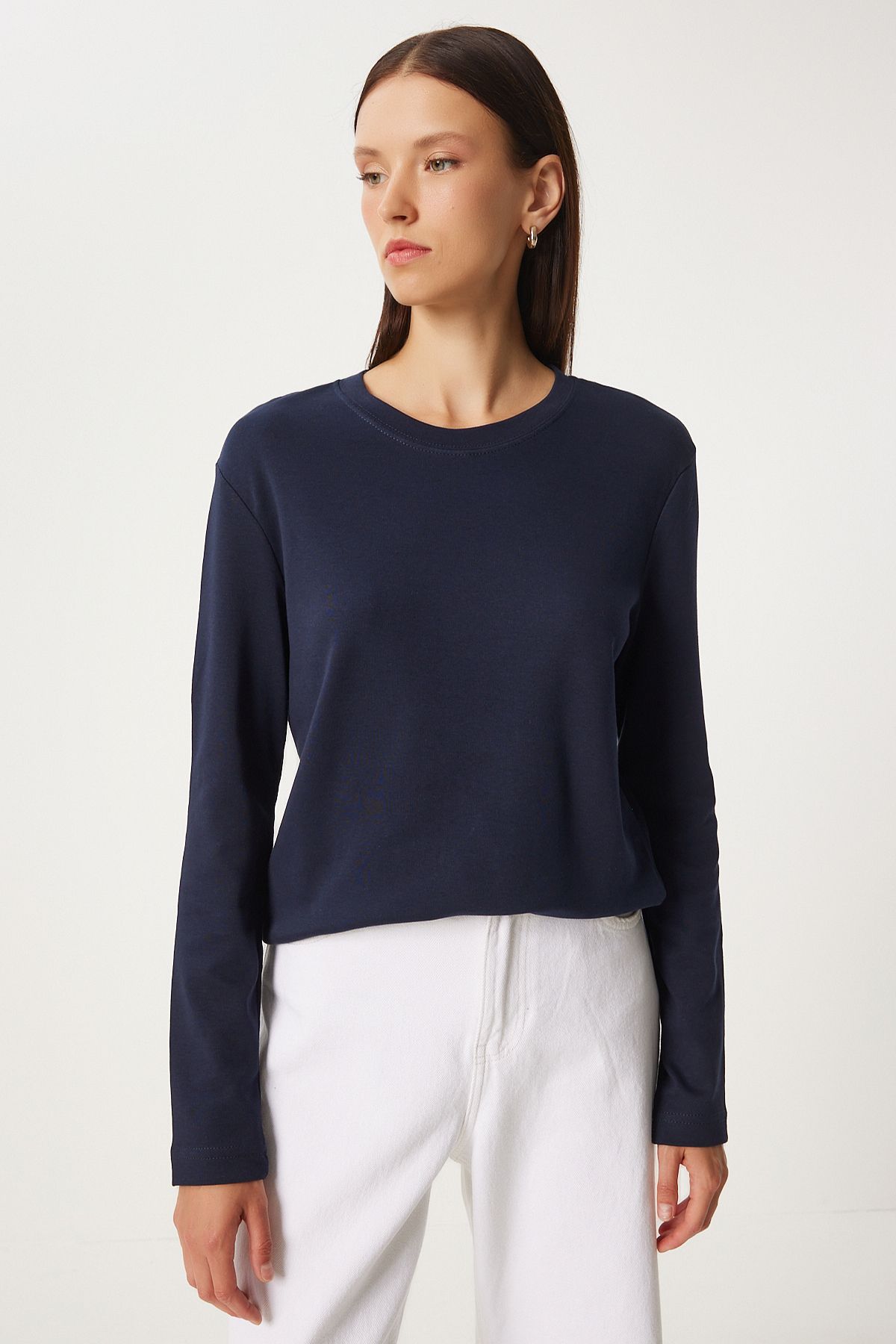 Woman Navy Blue Cotton Basic Knitting Blouse NJ00155
