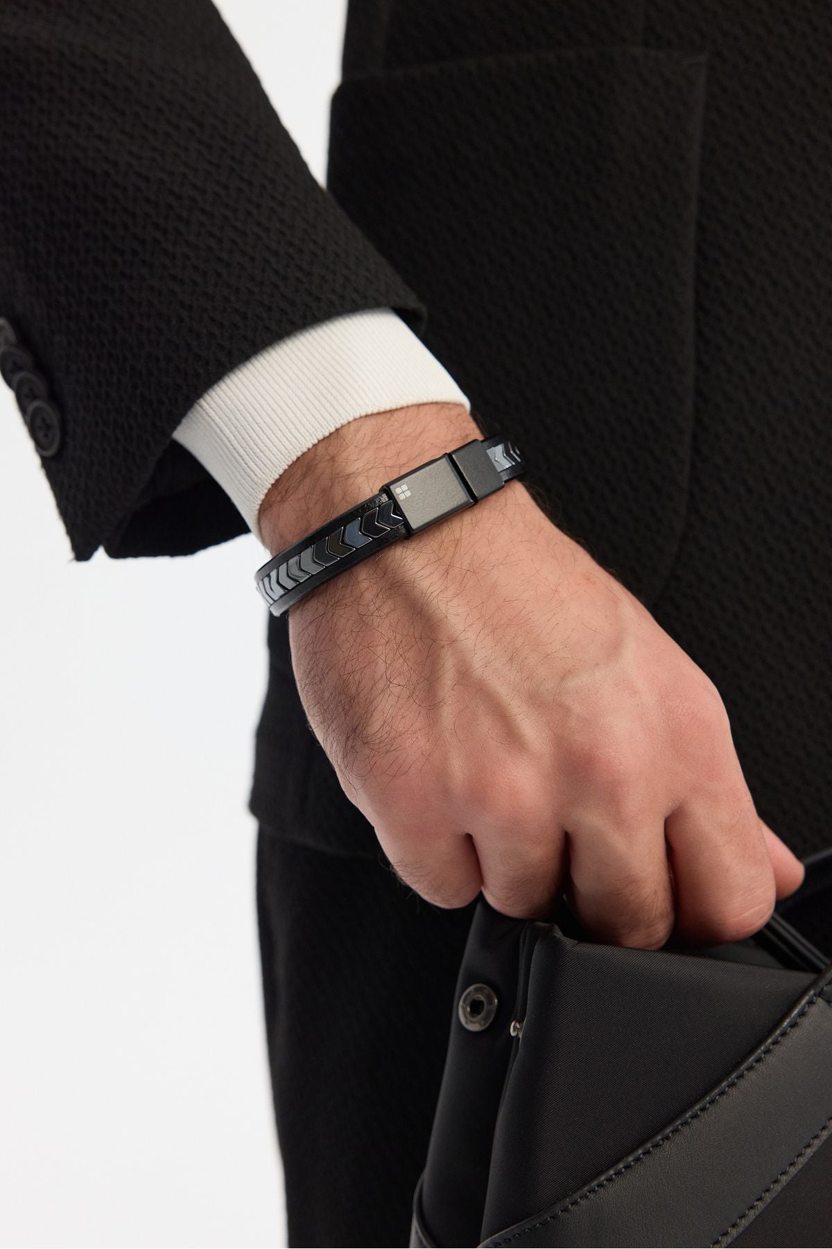 Men's anthracite Leather Hematitis Stone 2 Bracelet A42y9606