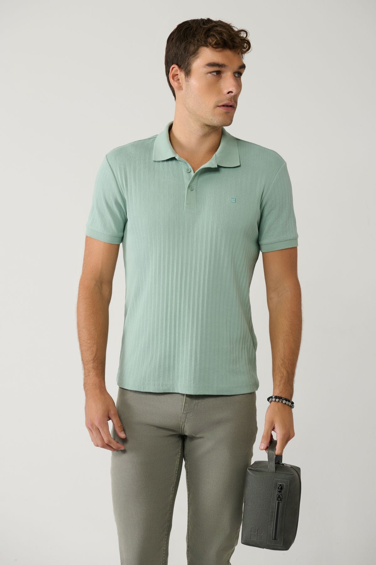 Men's Water Green 100 %Cotton 3 Buttoned Jacquard Polo Yaka T-shirt A41y1354
