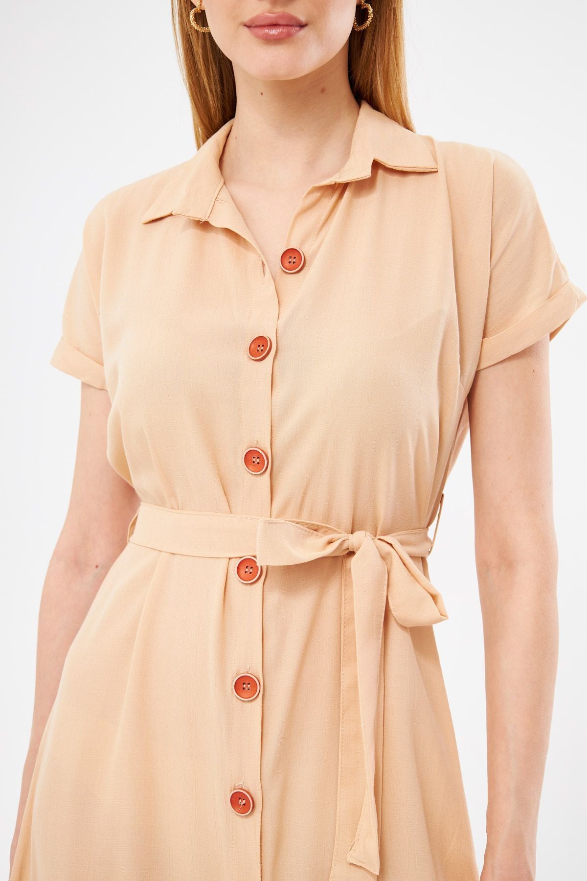 Women's Cream Waist Belt Short Sleeve Shirt Dress ARM-19Y001068