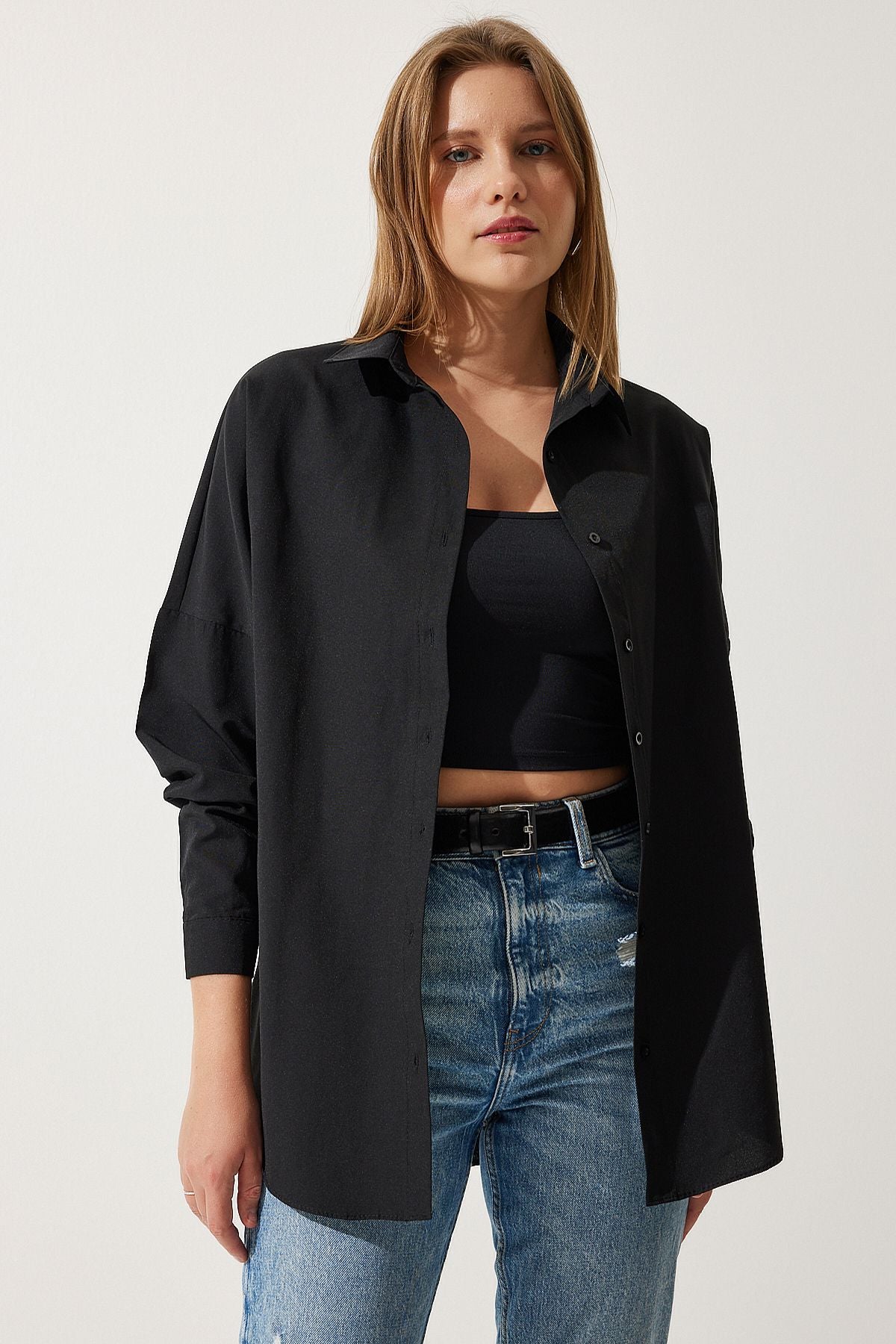 Woman Black Oversize Long Basic Shirt DD00842