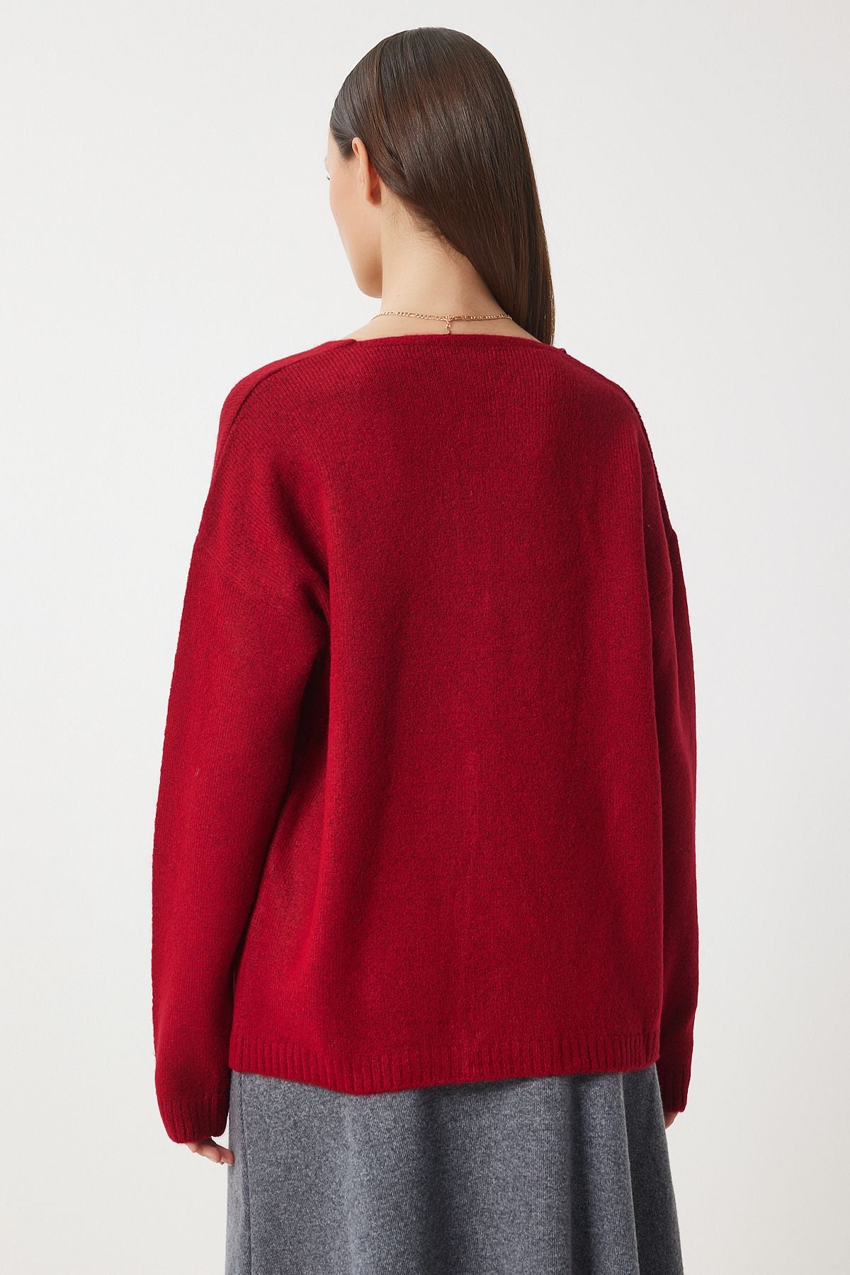 Woman Red V -Neck Knitwear Kazakh ZA00063