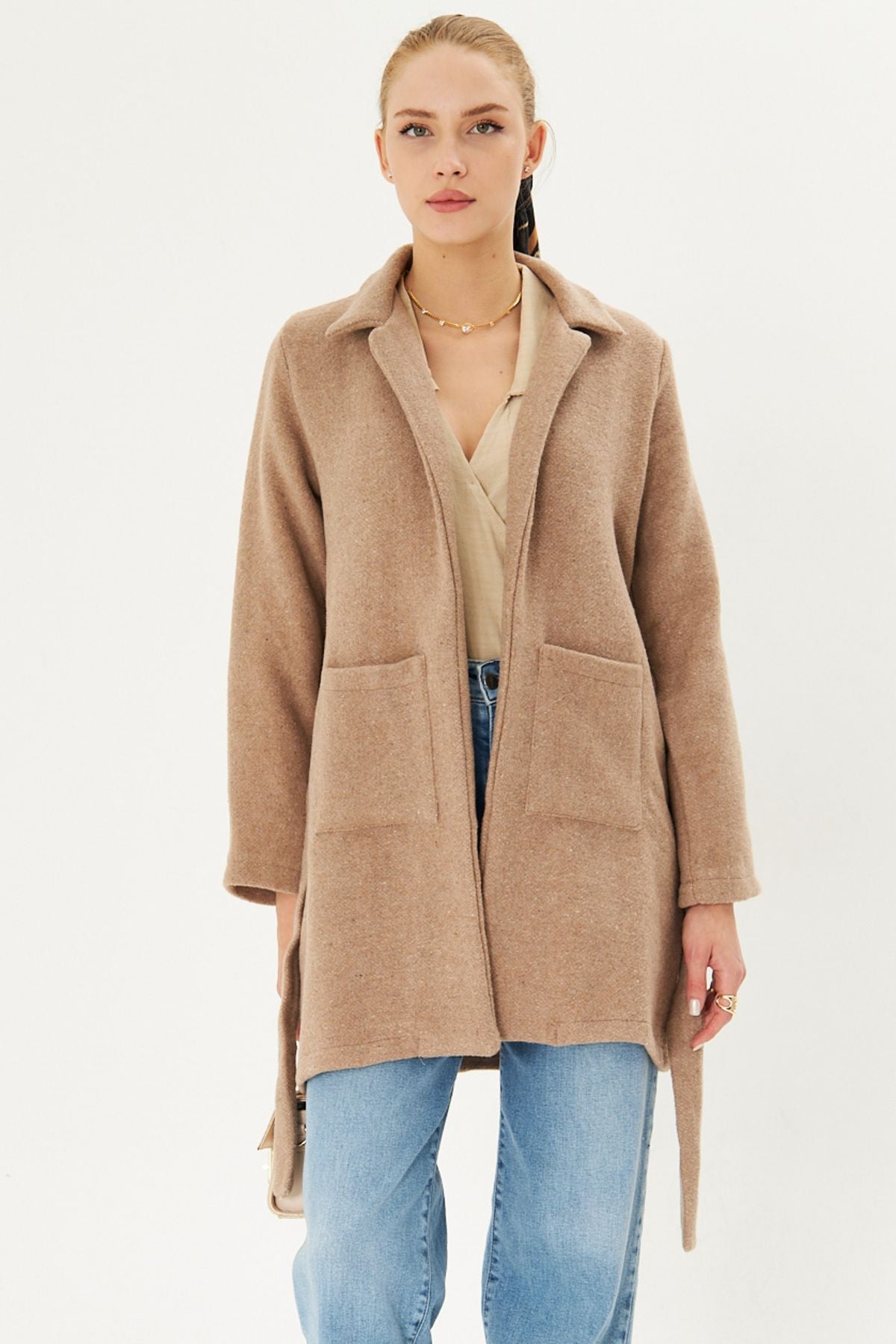 Female Beige Men's Collar Pocket Belt Coat Arm-25k001053