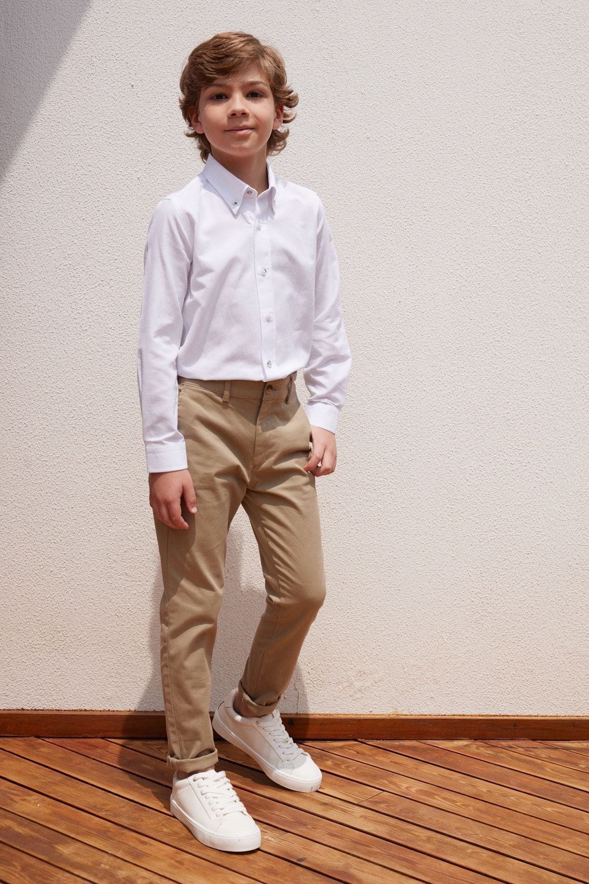 Beige slim fit narrow cutting side pocket cotton flexible child chino pants