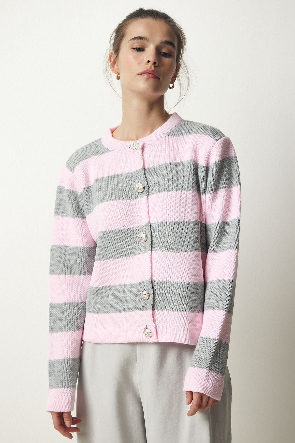 Woman Pink Gray stylish button striped knitwear cardigan NF00078