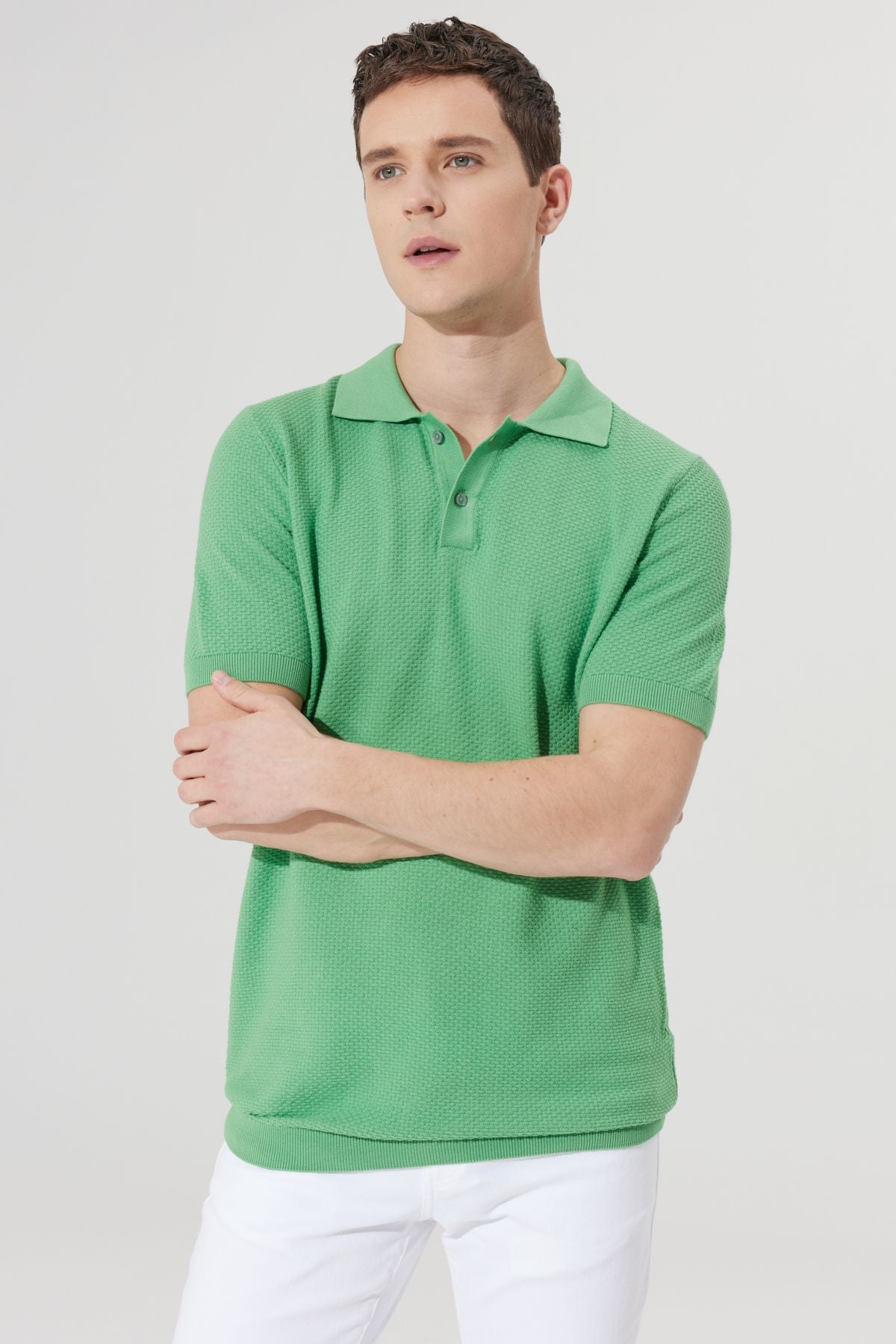 Men's Green Standard Fit Normal Cut Polo Yaka 100 %Cotton Short Sleeve Triko T -shirt