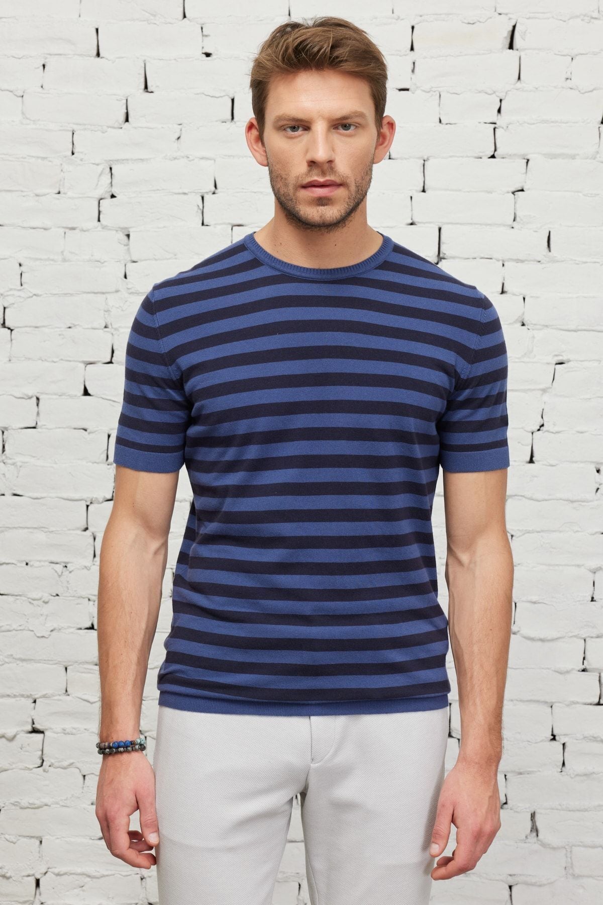 Men's Lacı-İndigo Standard Fit Normal Cut Bicycle Collar Cotton striped knitwear T-shirt