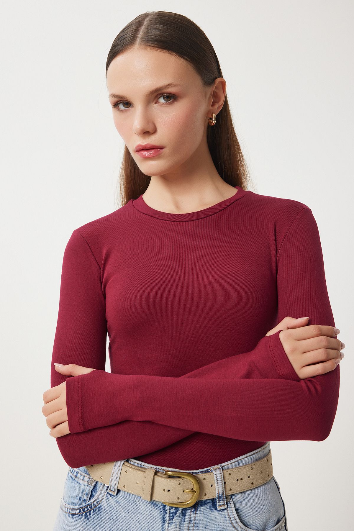 Woman Ekru Bordeaux 2 Package Bike Bike Finger Passing Basic Knitting Blouse CR00440