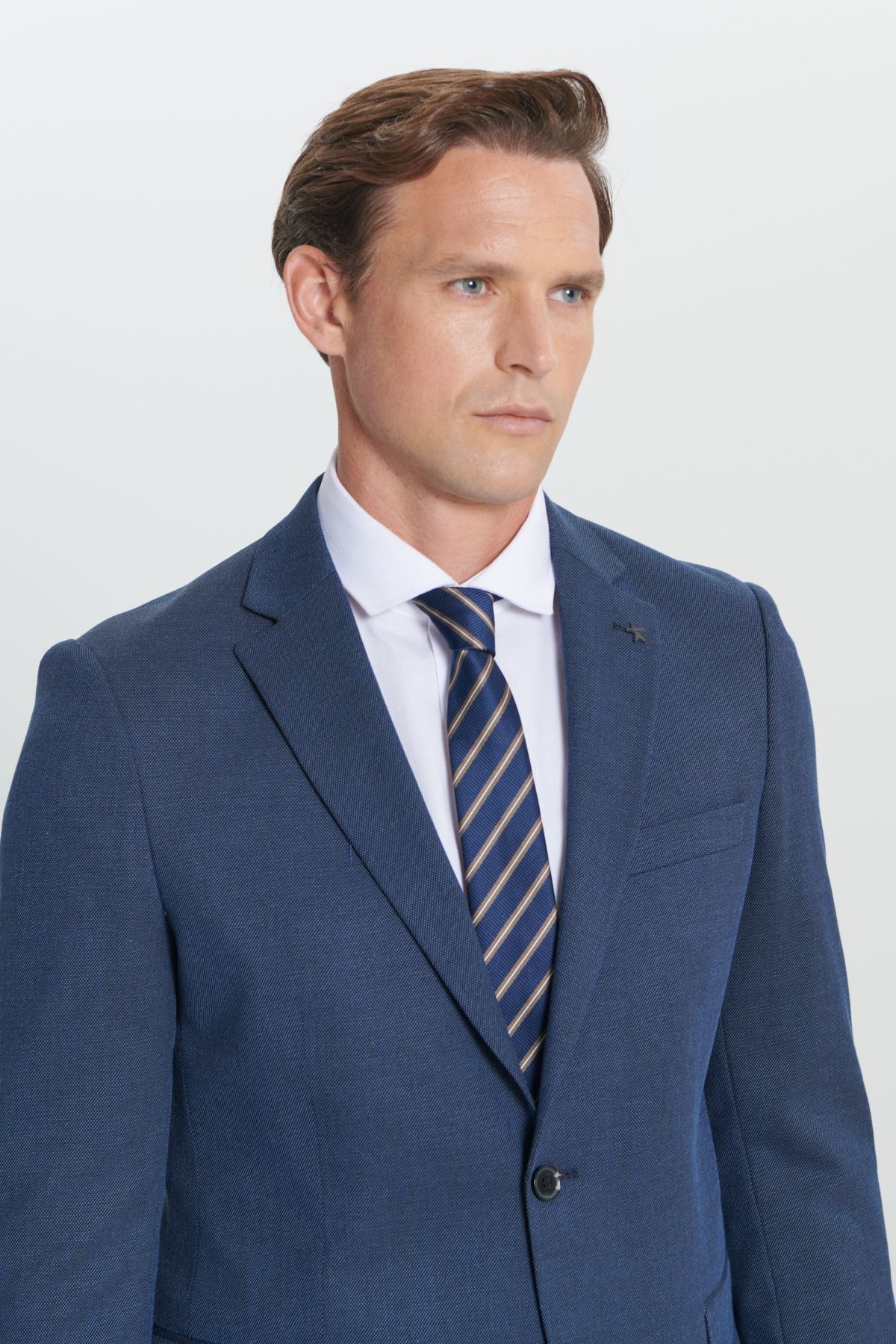 Men's navy blue regular fit comfortable cut mono collar patterned suit suits