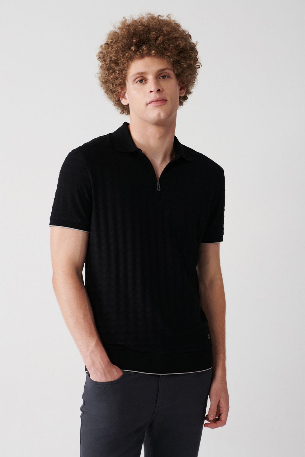 Men's Black 100 %Cotton Zipper Polo Yaka T-shirt A31y1165