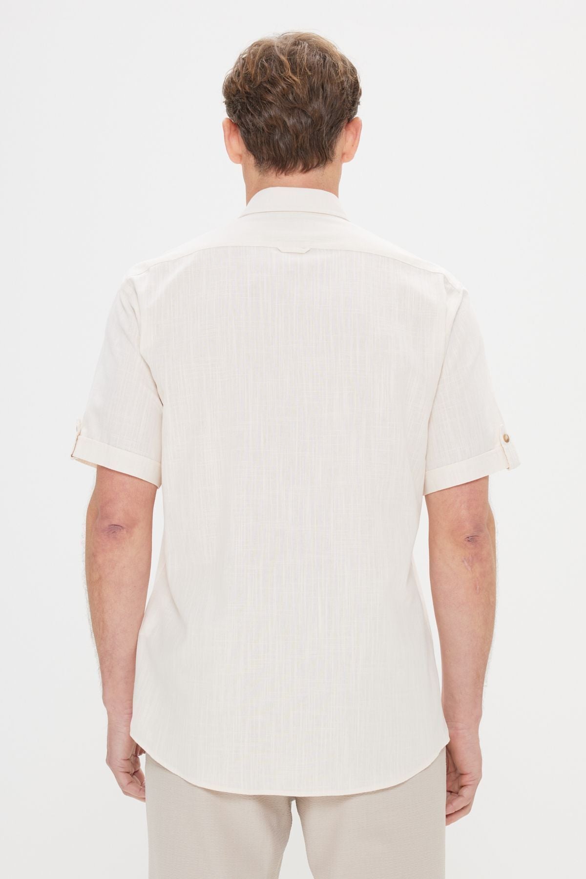 Men's Beige Comfort Fit Casual Cutting Buttoned Neck Linen Looking 100 %Cotton Planned Short Sleeve Shirt
