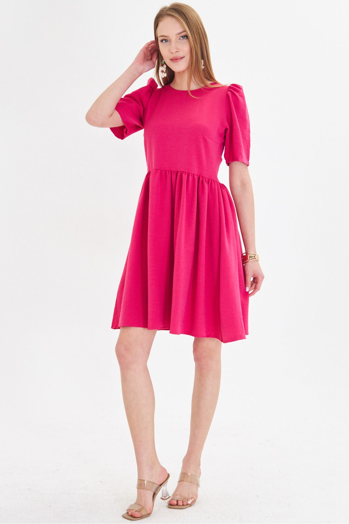 Fuchsia Fuchsia Zero Back Back Zipper Watermelon Arm Waist Shirred Dress ARM-25Y001009