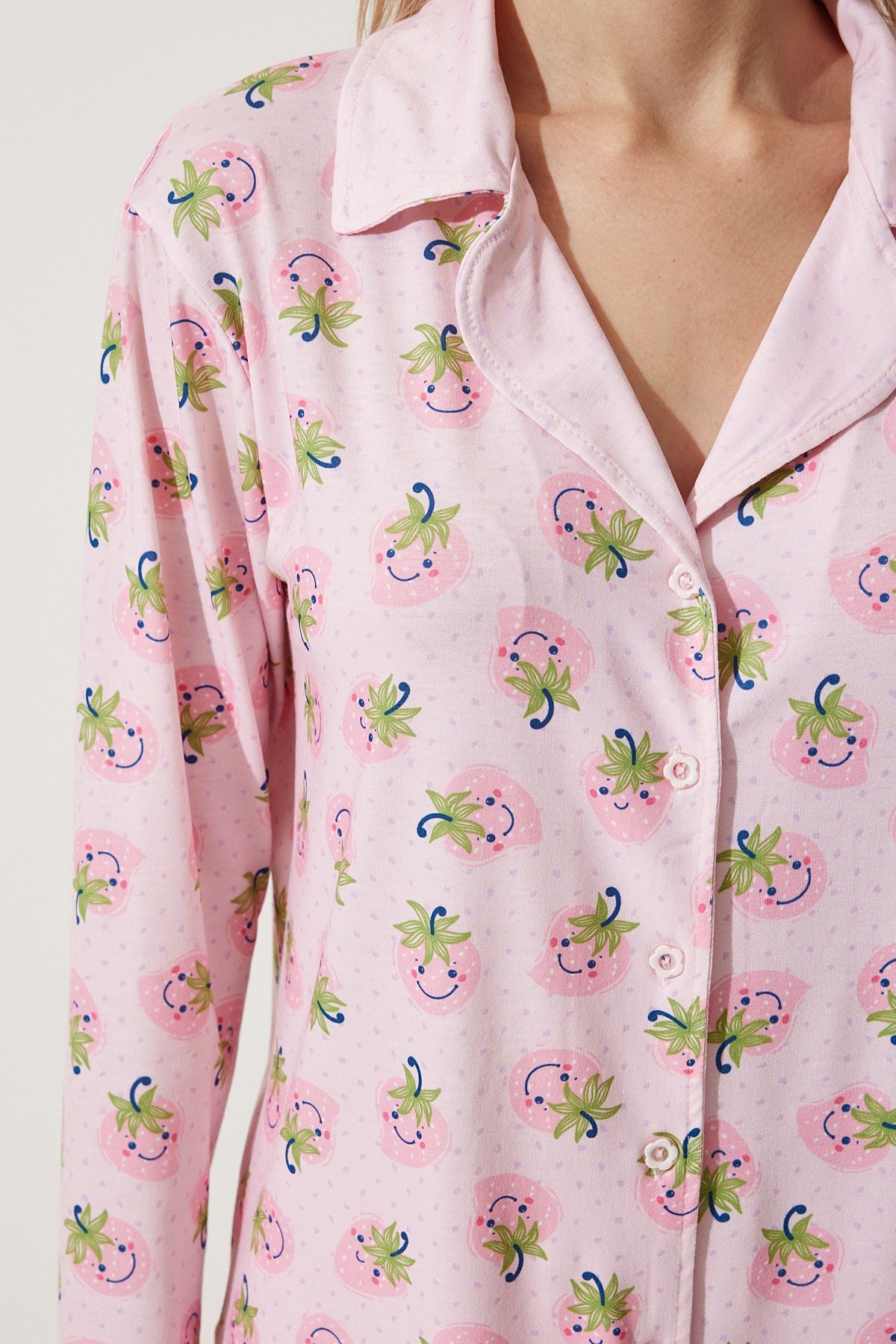 Woman Pink Patterned Shirt-Pantolone Knitting Pajama Set TK00092