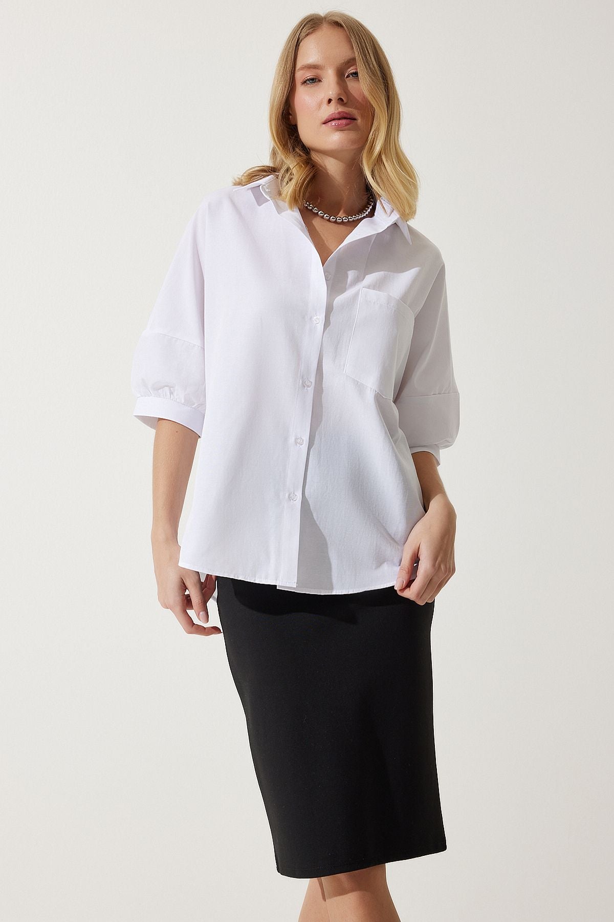 Woman White Balloon Sleeve Poplin Shirt DD01308