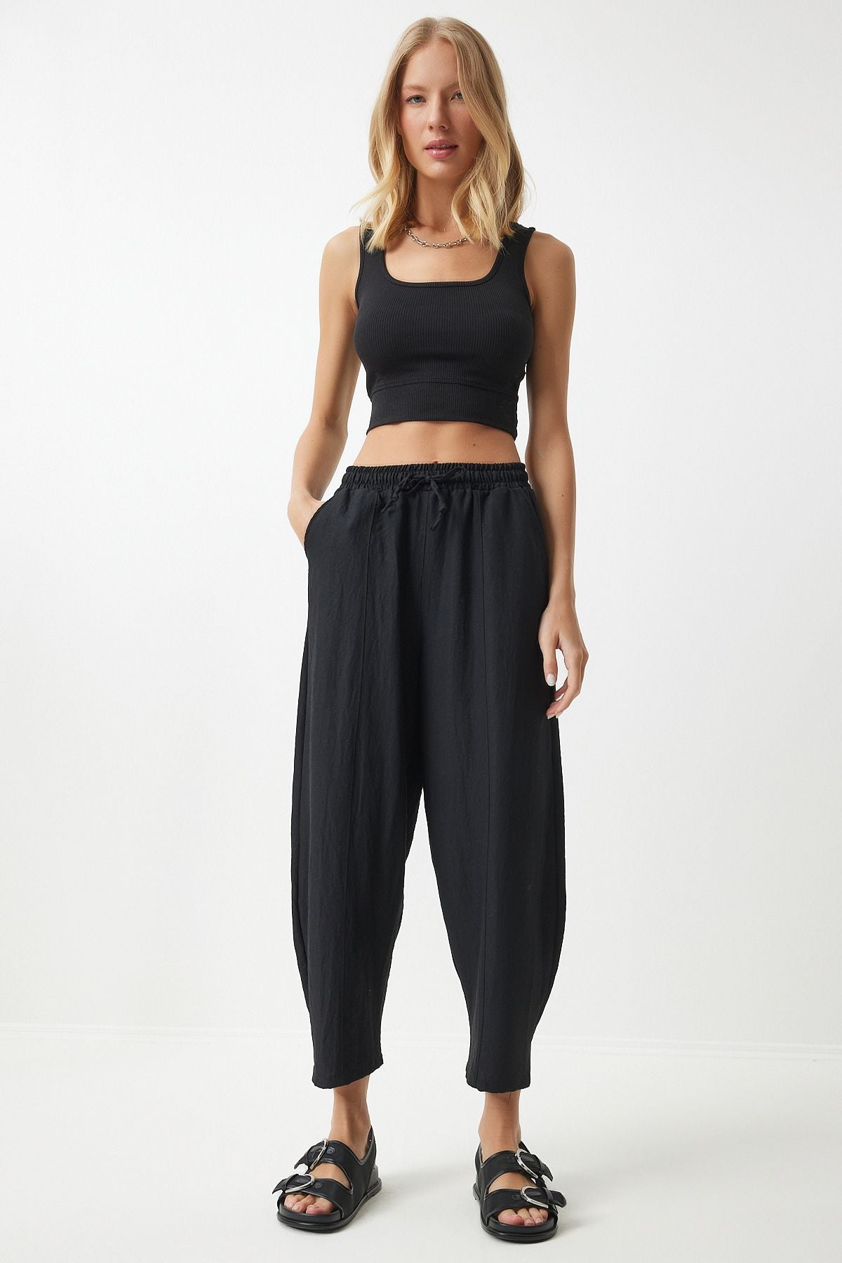 Female Black Pocket Linen Viscose Shalwar Pants CV00001