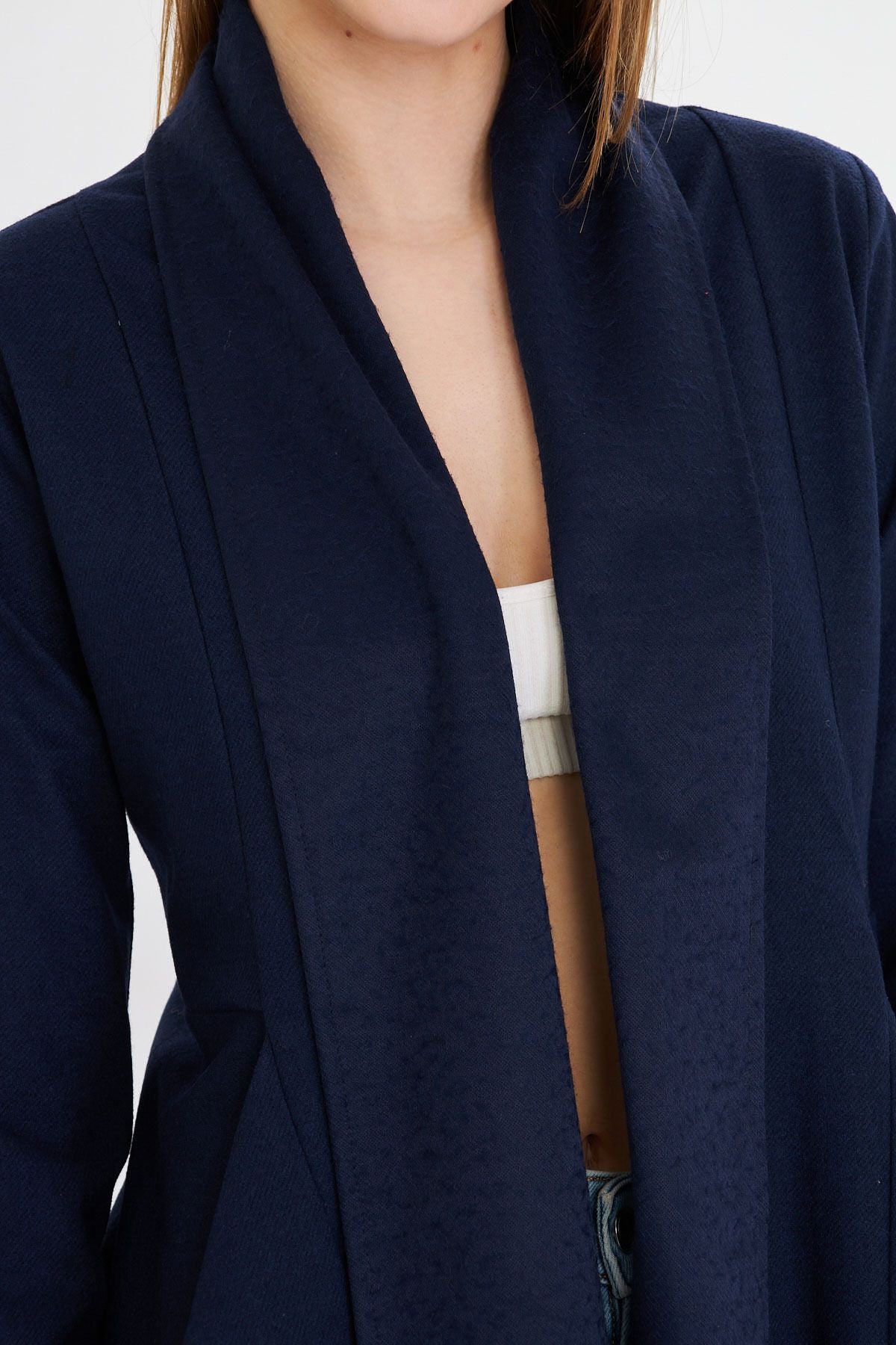Woman Navy Blue Shawl Yaka Stamp Shabby Cardigan ARM-25K001116