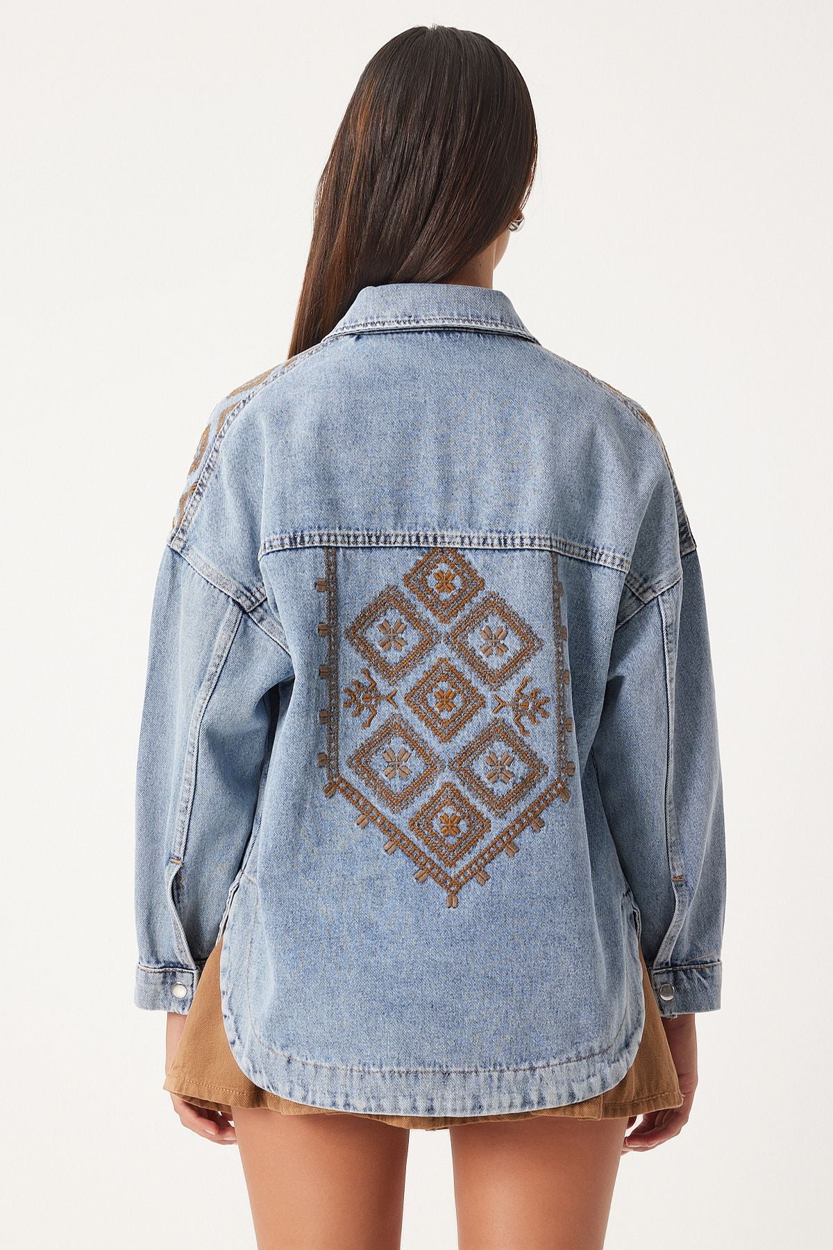 Woman Middle Blue Ethnic Embroidery Gabardin Shirt Jacket RV00142