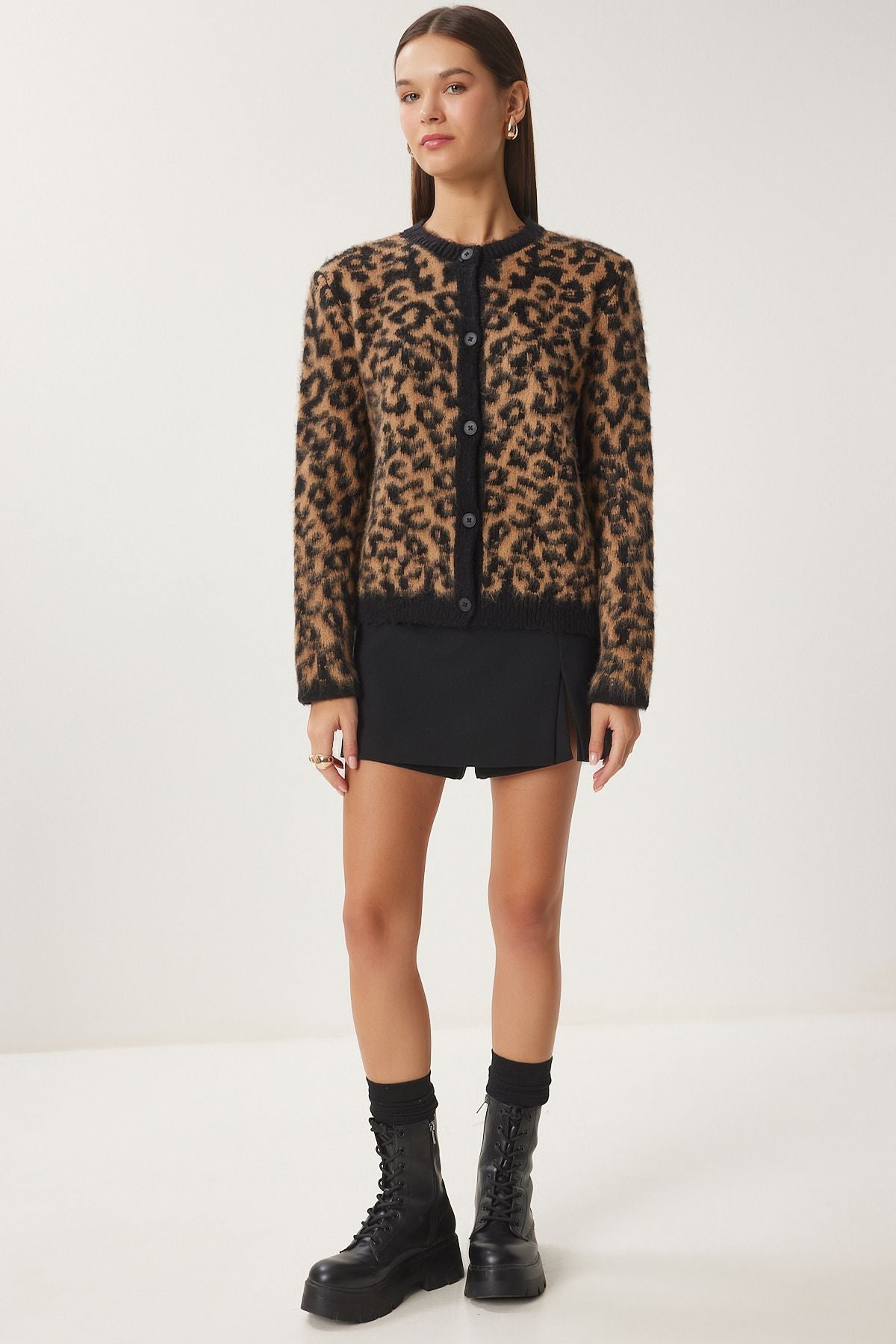 Women's black brown leopard patterned short beard knitwear cardigan US00935