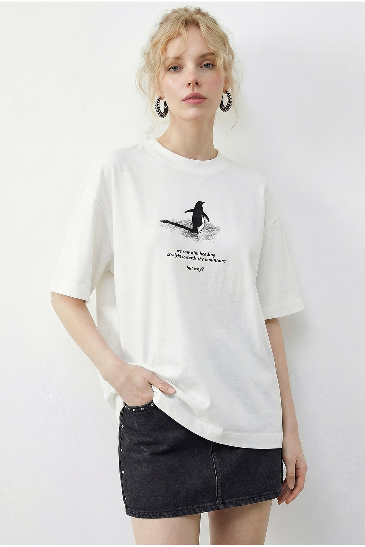 Woman But Why? Penguin Printed Oversize Cotton T-Shirt ÖT261009 60283986
