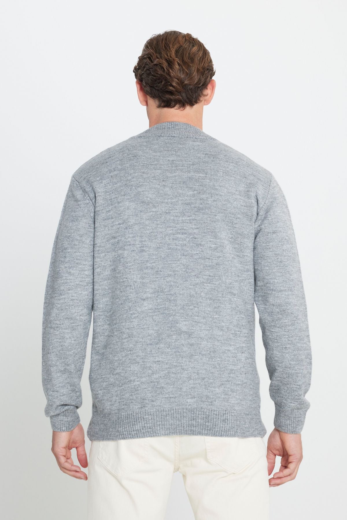 Men's Gray Standard Fit Normal Cut Bato Neck Patterned Knitwear Cardigan