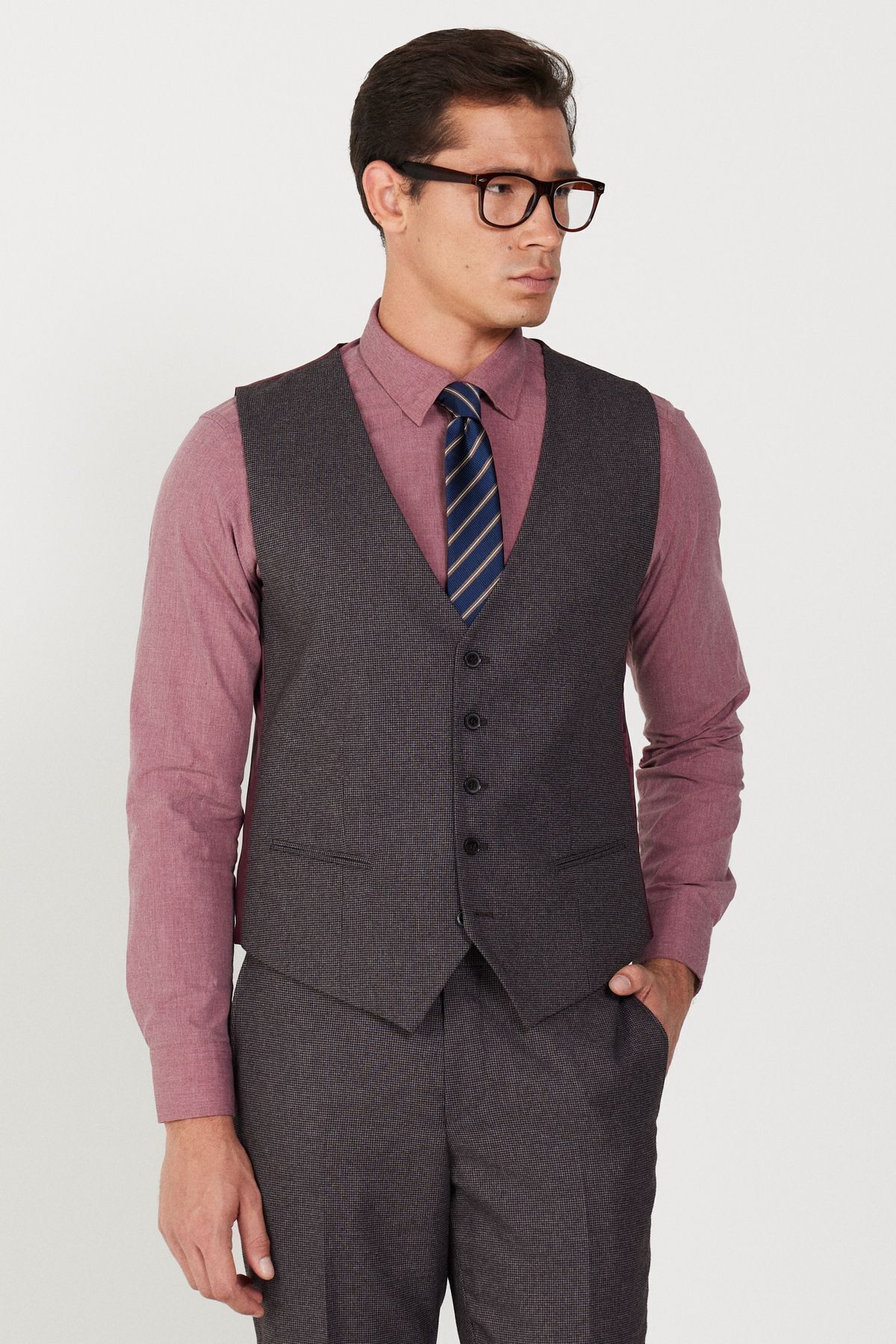 Men's burgundy-gray slim fit narrow cut Mono collar patterned vest suit suits