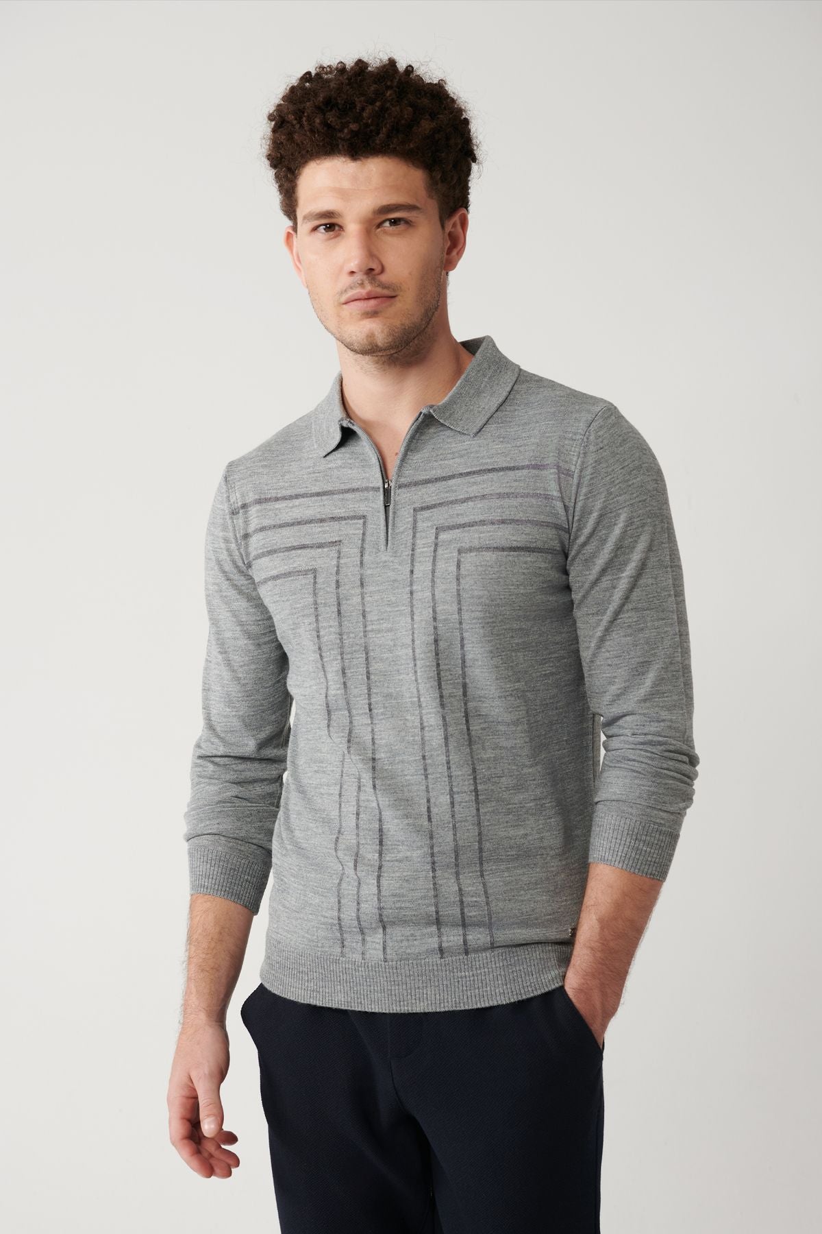 Men's Gray Zippered Wool Mixed Triko Sweater A32Y5094