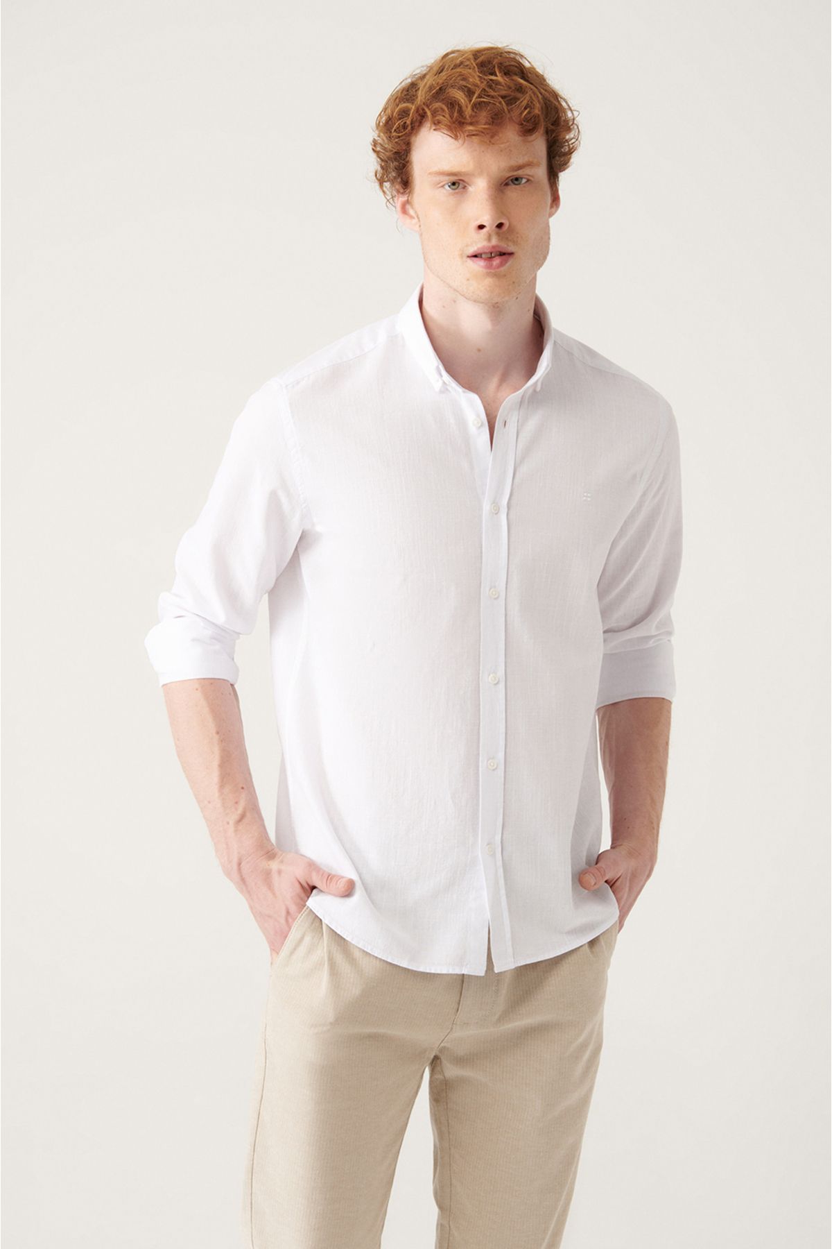 Men's white button collar 100 %cotton linen textured shirt E002141