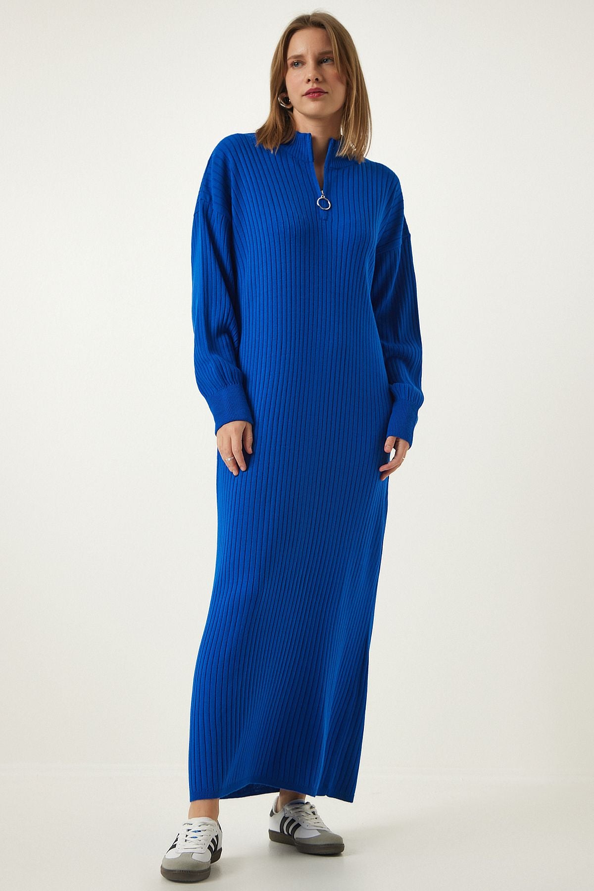 Women's Blue Zippered collar wick long knitwear dress DD01295