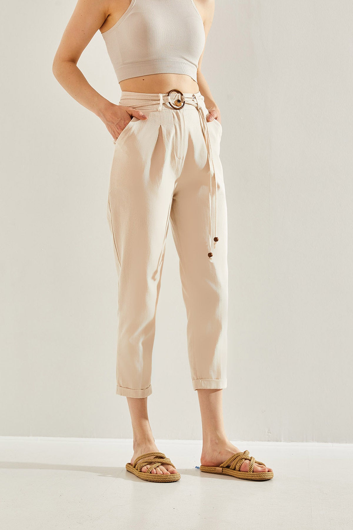 Women's Belted Linen Trousers 60221009