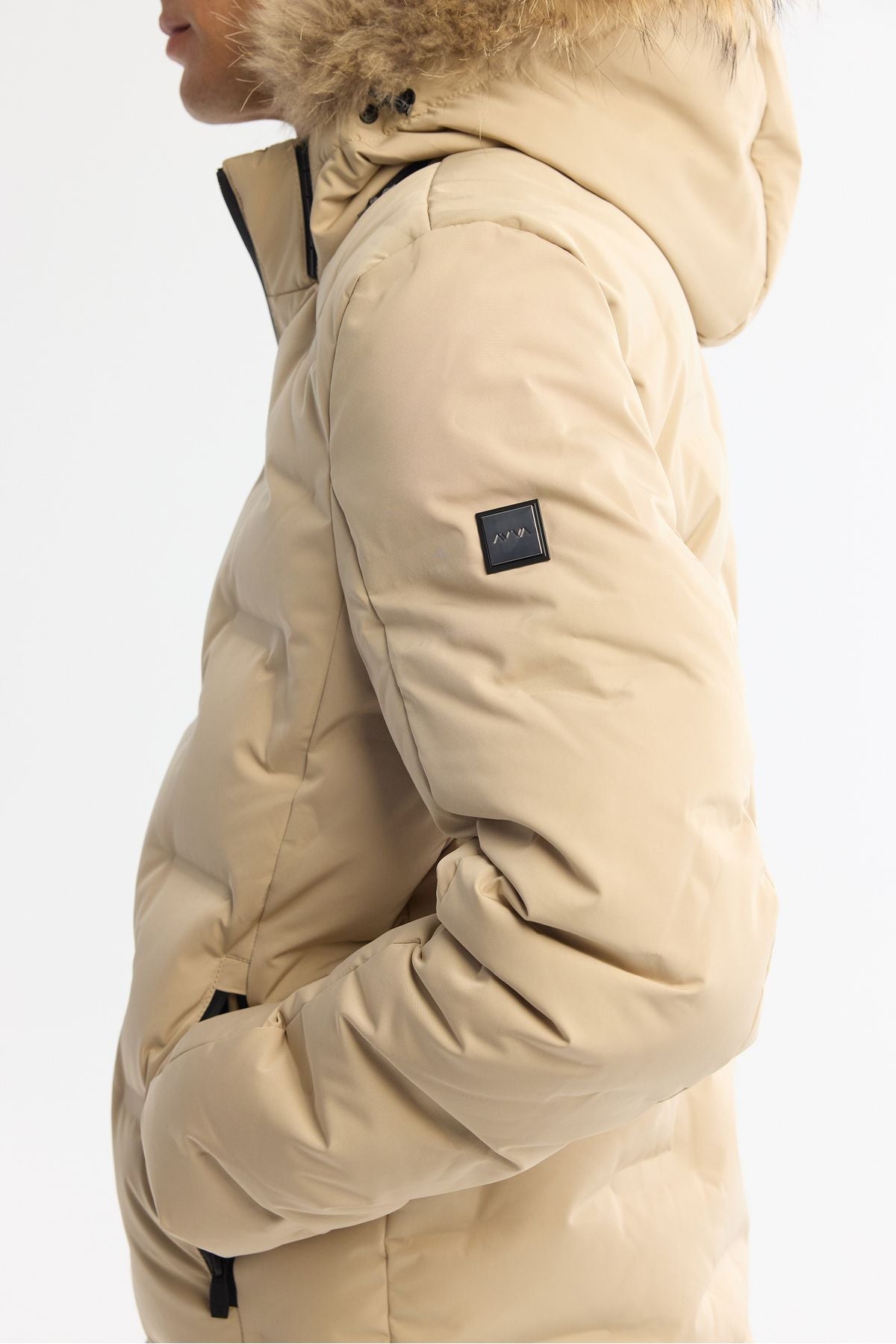 Men's Beige Hooded Water Repulsive Windproof Goose Feathery Swelling Mont A42y6010