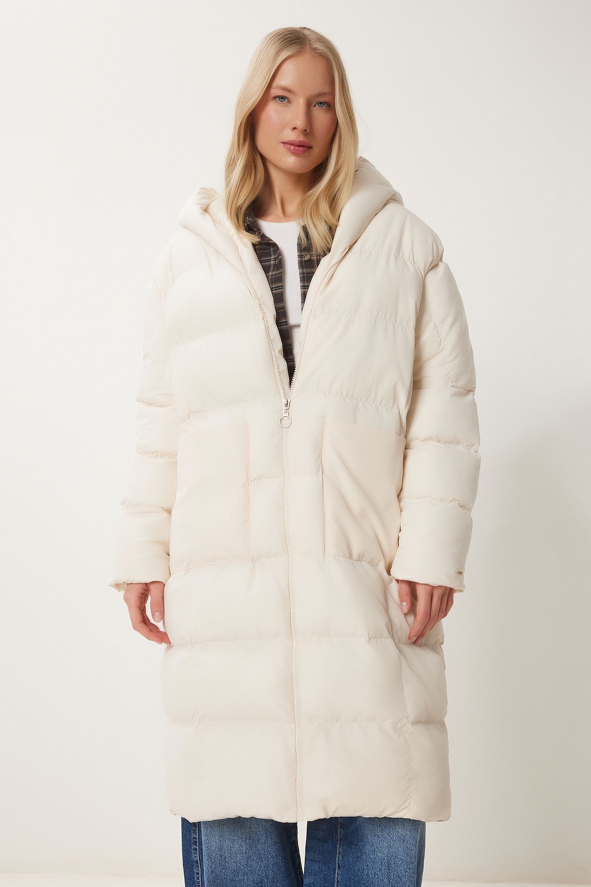 Women's bone hooded oversize long swelling coat NT00428