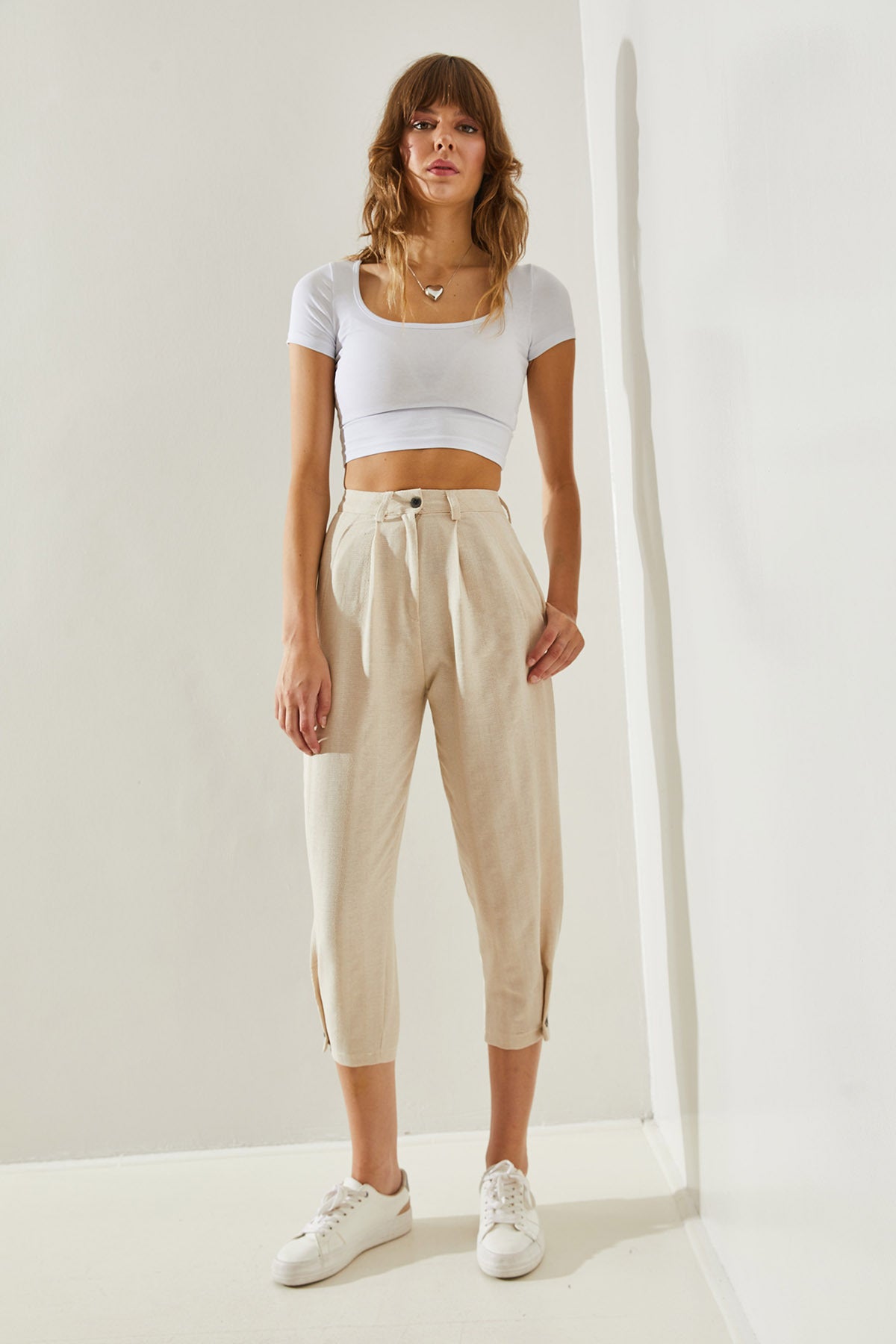 Women's Button Detailed Linen Textured Trousers 60251262