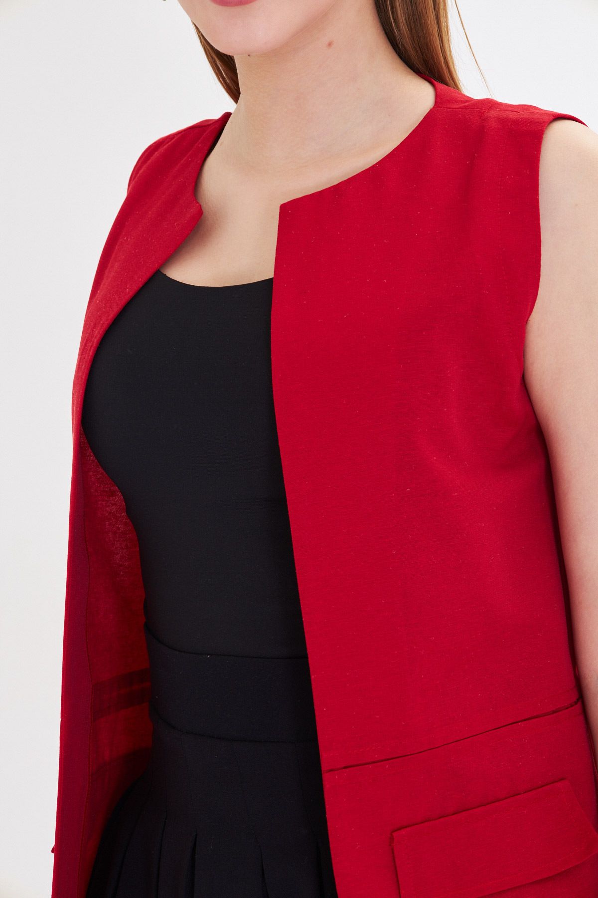 Woman Red Zero Yaka Sewing Detailed Vest on the waist Arm-25y001019