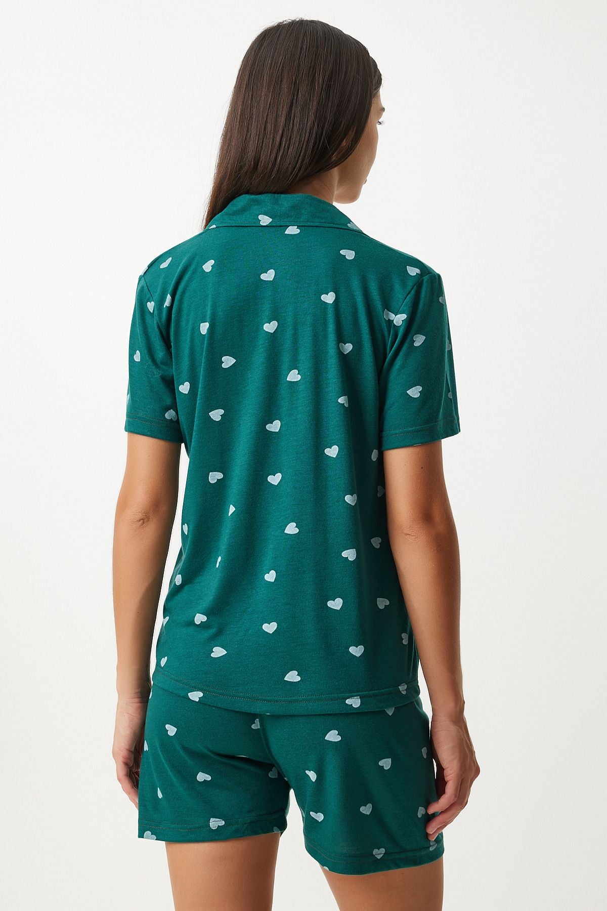 Female Dark Green Heart Viscose Shirt Shirt Pajama Set EC00035