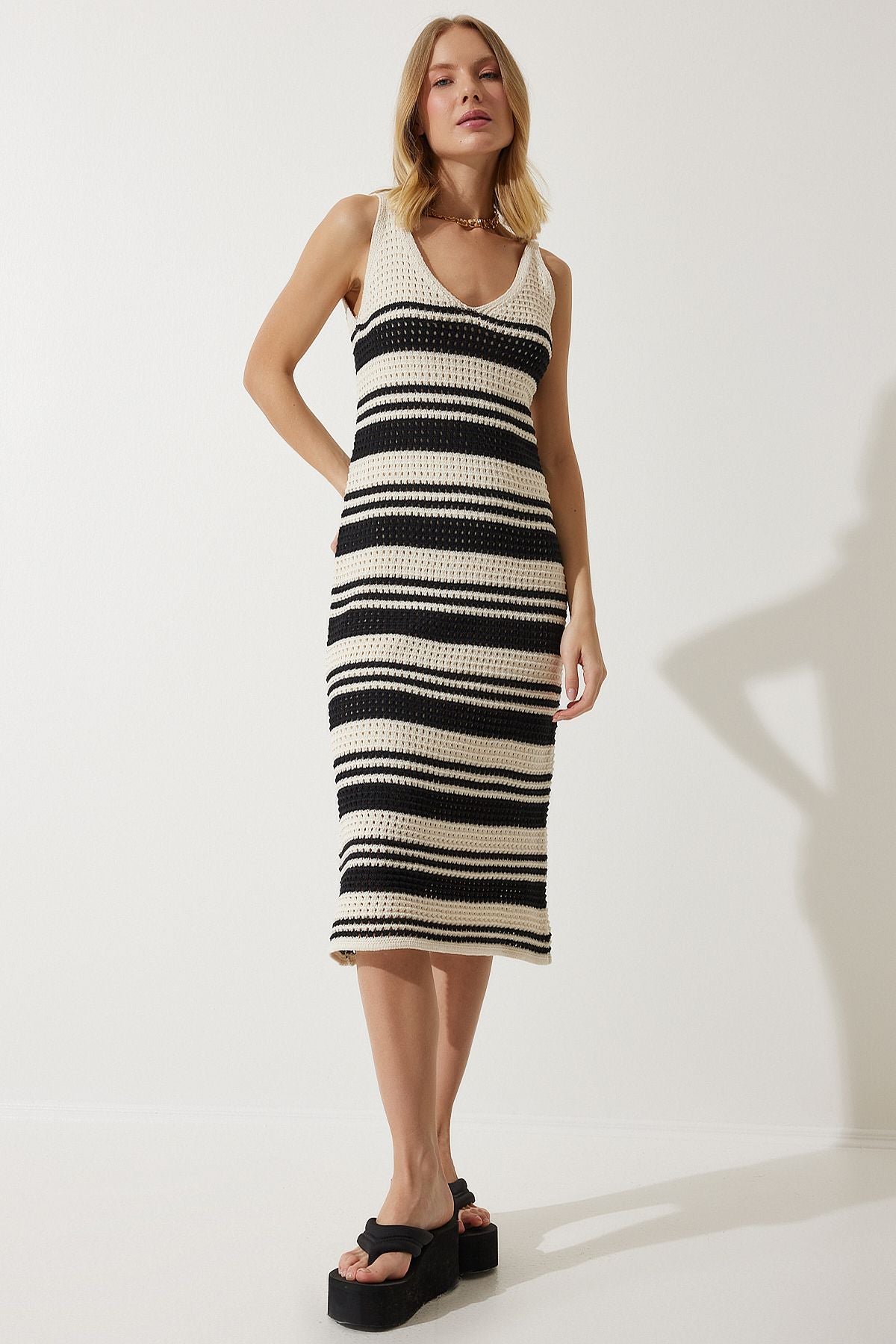 Women's Cream Black strap striped summer knitwear dress NF00080