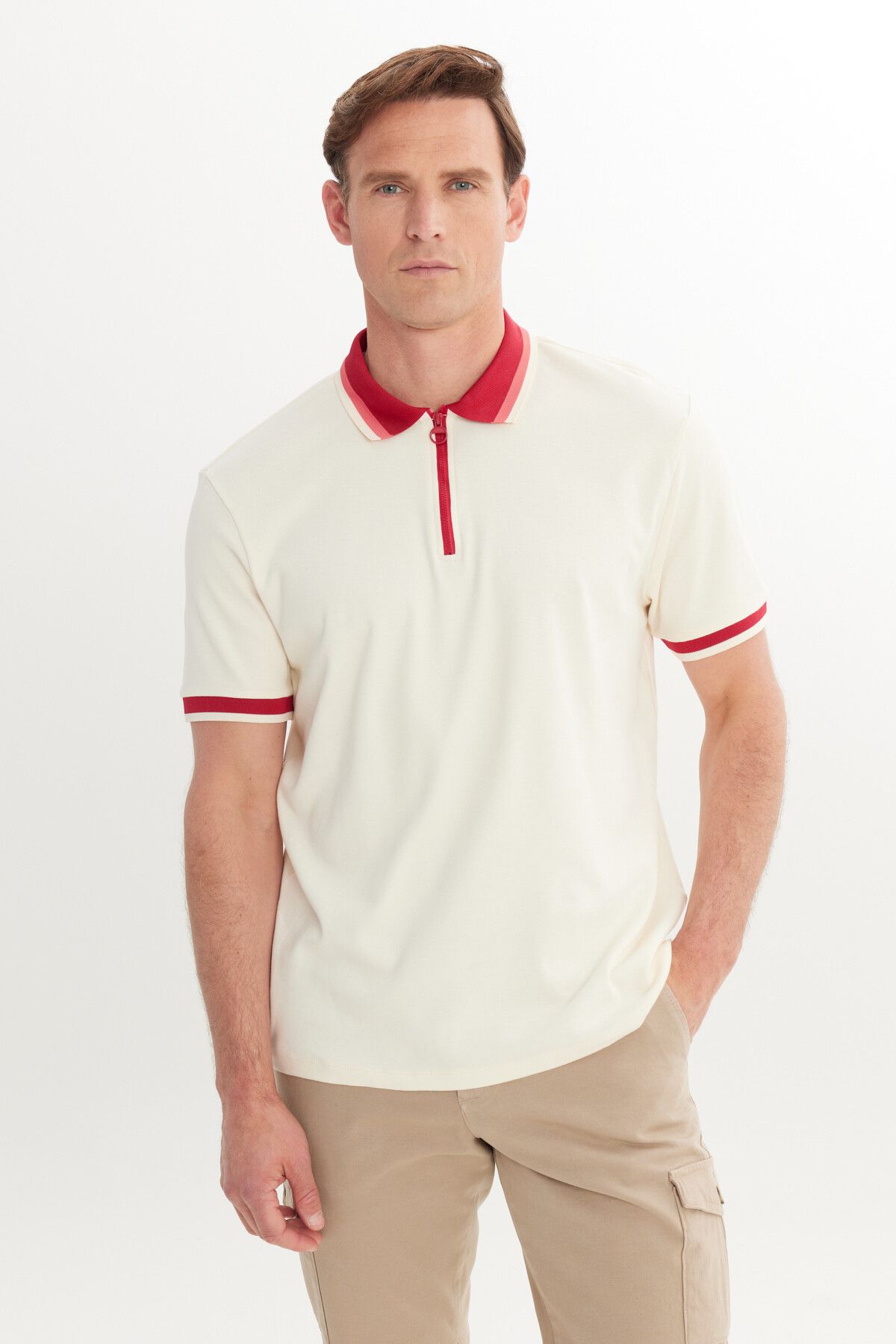 Men's ecru burgundy regular fit comfortable cut Polo Yaka 100 %Cotton T -shirt